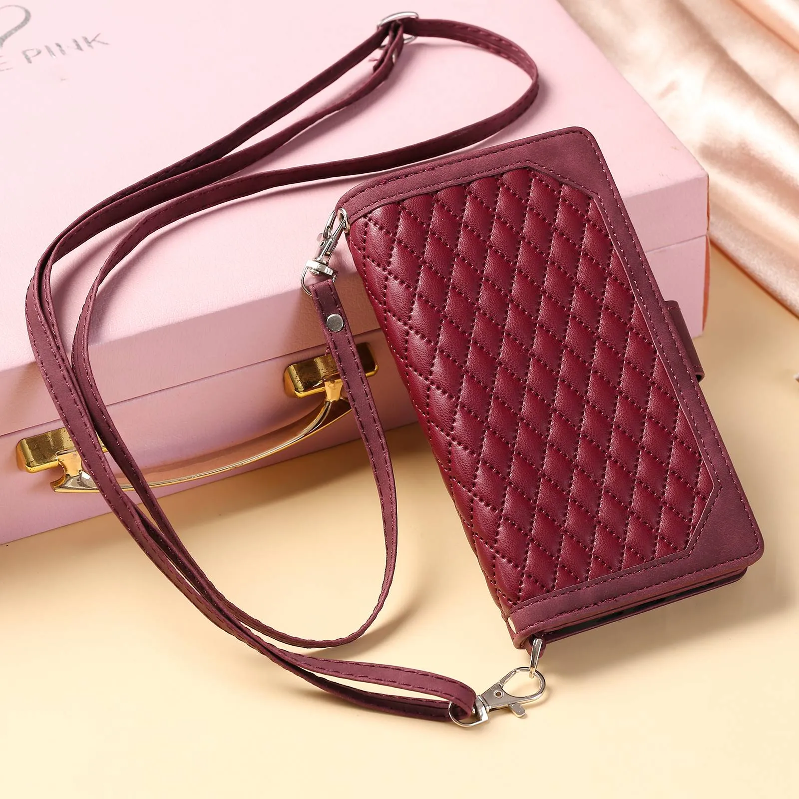 005 Style for Samsung Galaxy S21 4G / 5G, Shockproof Wallet Case Rhombus Texture Zipper Pocket PU Leather Anti-fall Phone Cover Stand