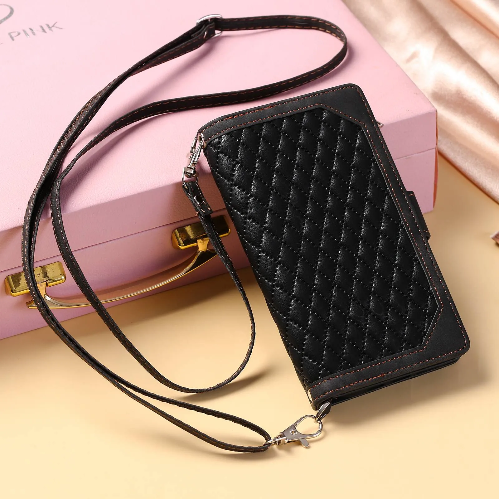 005 Style for Samsung Galaxy S21 4G / 5G, Shockproof Wallet Case Rhombus Texture Zipper Pocket PU Leather Anti-fall Phone Cover Stand