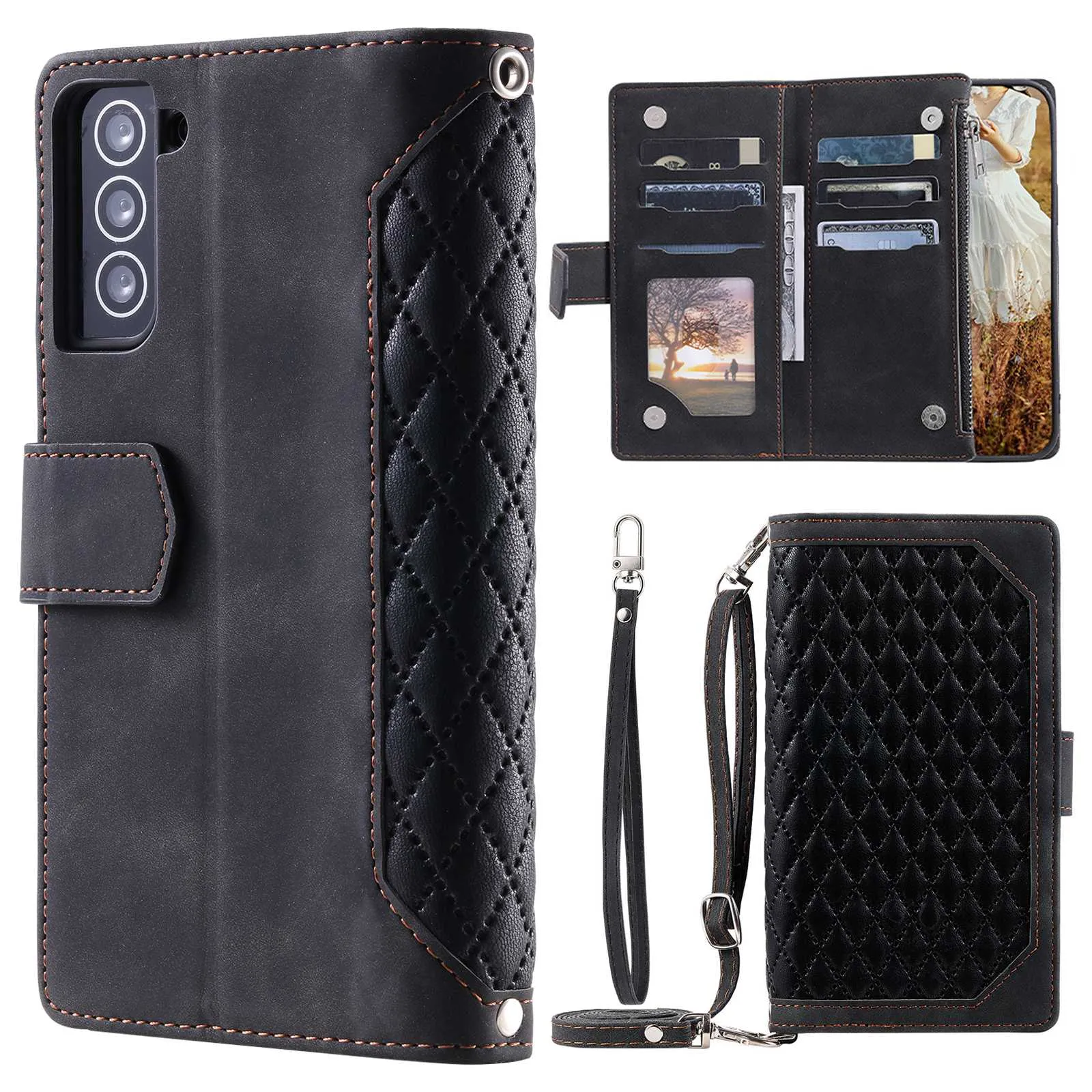 005 Style for Samsung Galaxy S21 4G / 5G, Shockproof Wallet Case Rhombus Texture Zipper Pocket PU Leather Anti-fall Phone Cover Stand