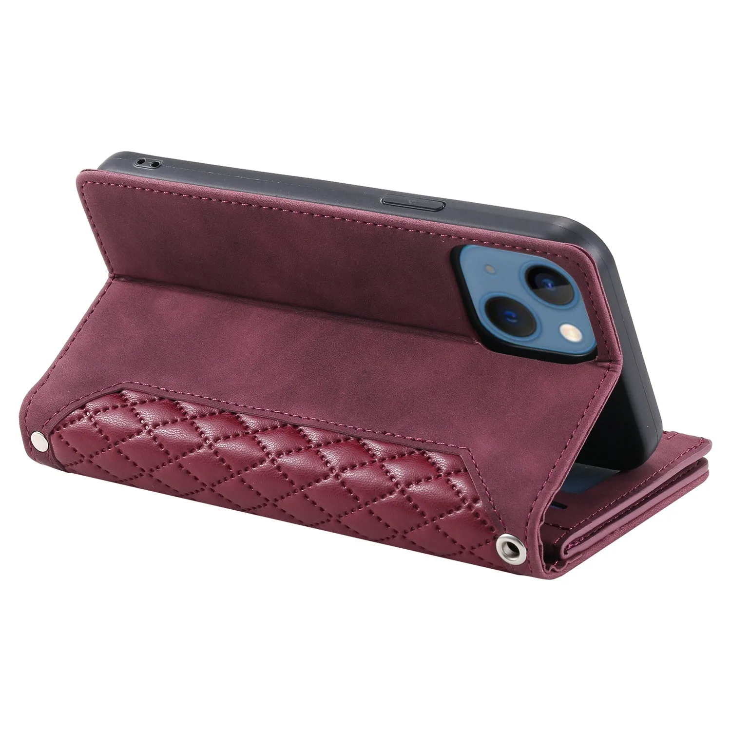 005 Style Zipper Pocket Leather Case for iPhone 13 mini 5.4 inch, Rhombus Texture Stand Wallet Shockproof Phone Cover with Wrist Strap