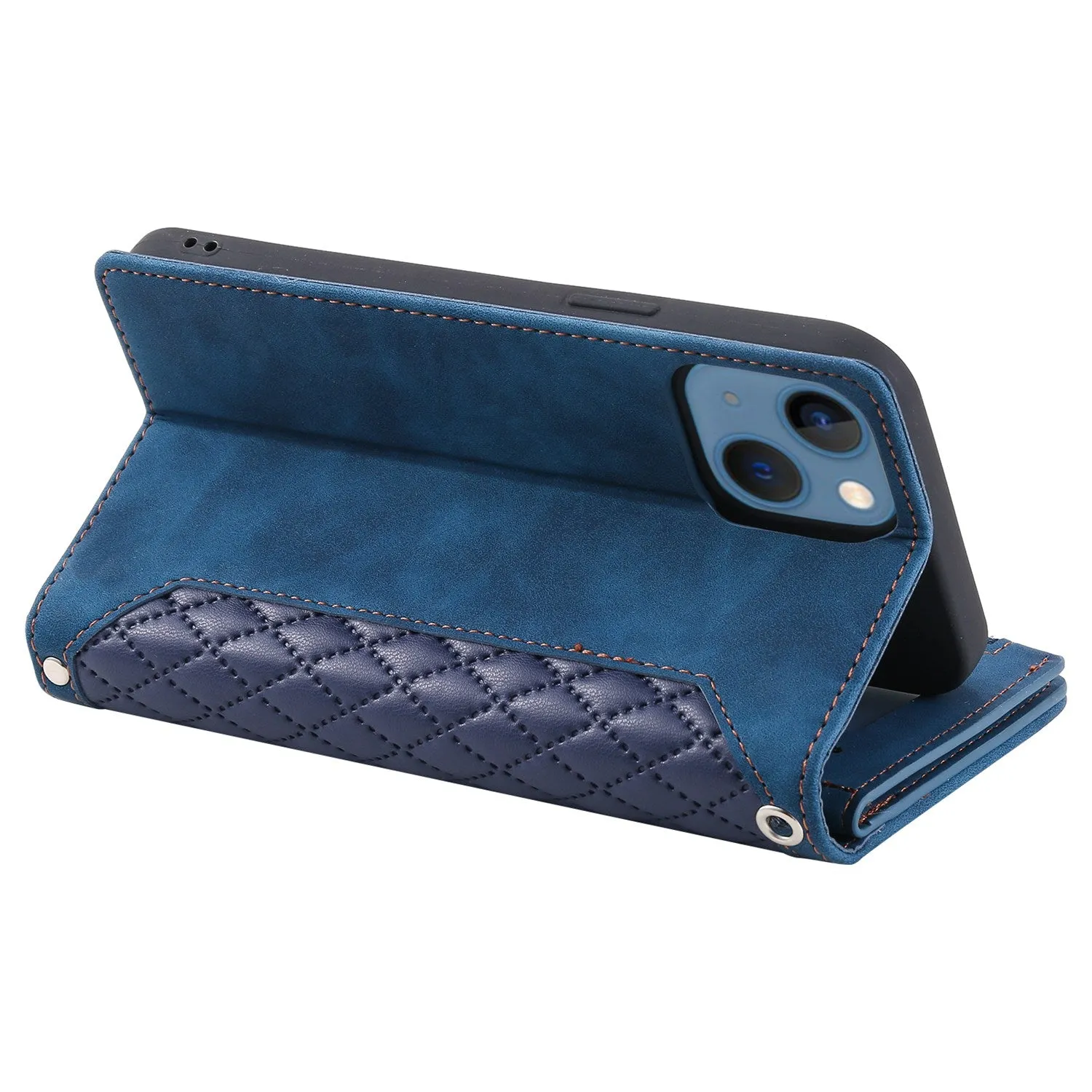 005 Style Zipper Pocket Leather Case for iPhone 13 mini 5.4 inch, Rhombus Texture Stand Wallet Shockproof Phone Cover with Wrist Strap