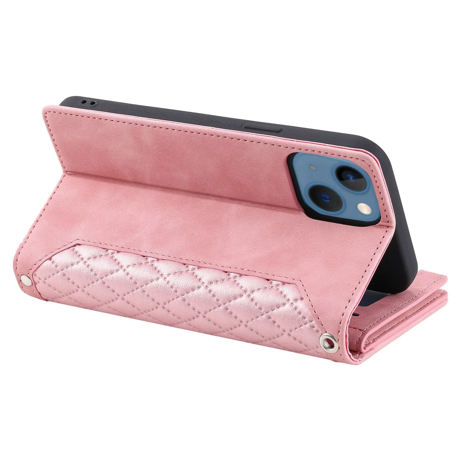 005 Style Zipper Pocket Leather Case for iPhone 13 mini 5.4 inch, Rhombus Texture Stand Wallet Shockproof Phone Cover with Wrist Strap