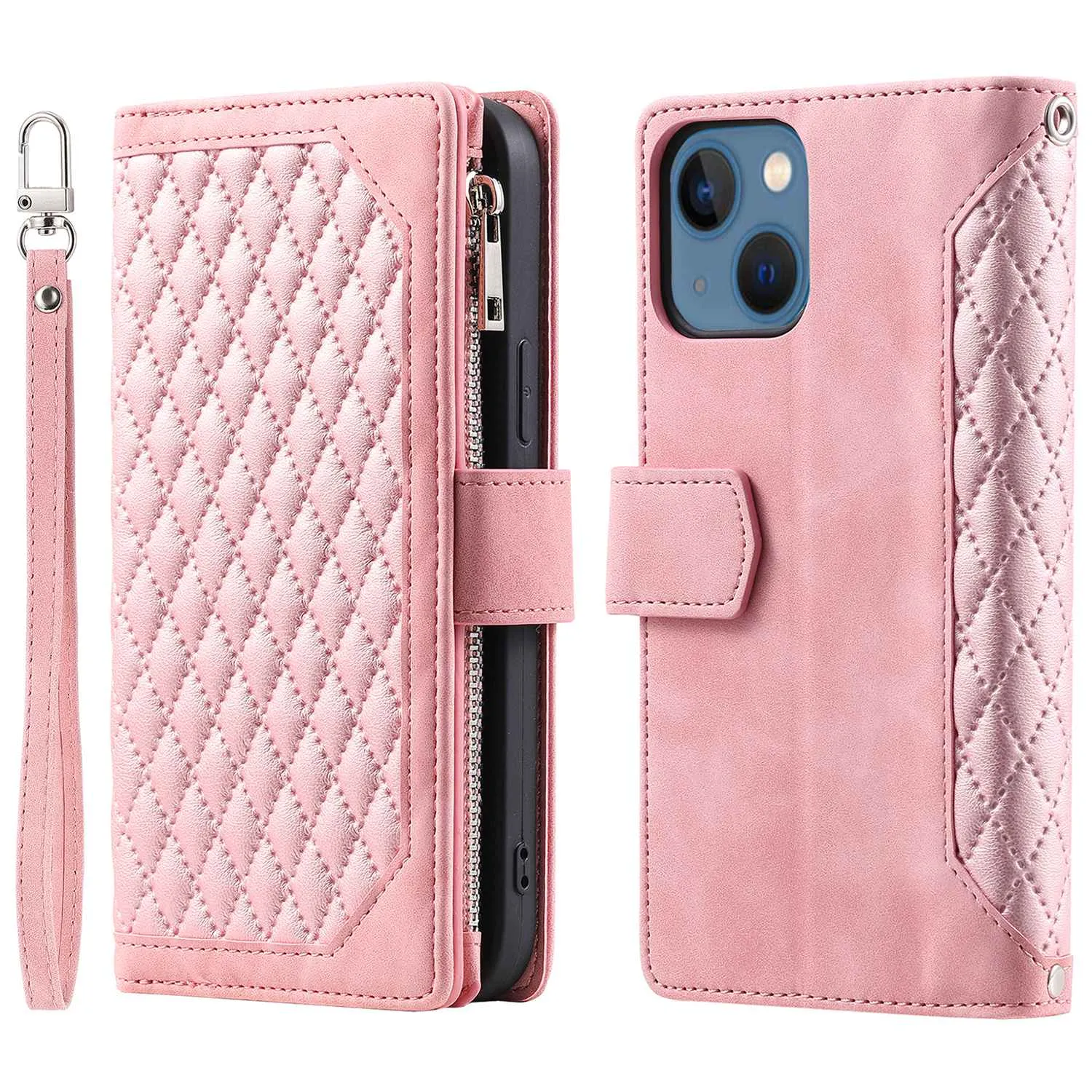 005 Style Zipper Pocket Leather Case for iPhone 13 mini 5.4 inch, Rhombus Texture Stand Wallet Shockproof Phone Cover with Wrist Strap