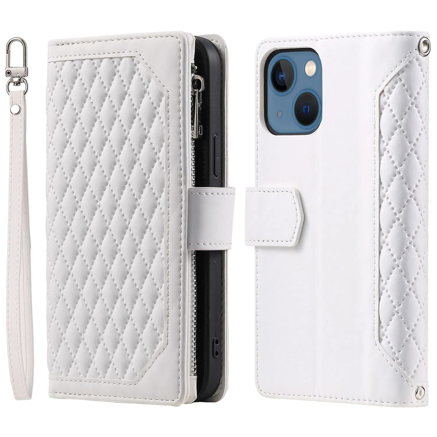 005 Style Zipper Pocket Leather Case for iPhone 13 mini 5.4 inch, Rhombus Texture Stand Wallet Shockproof Phone Cover with Wrist Strap