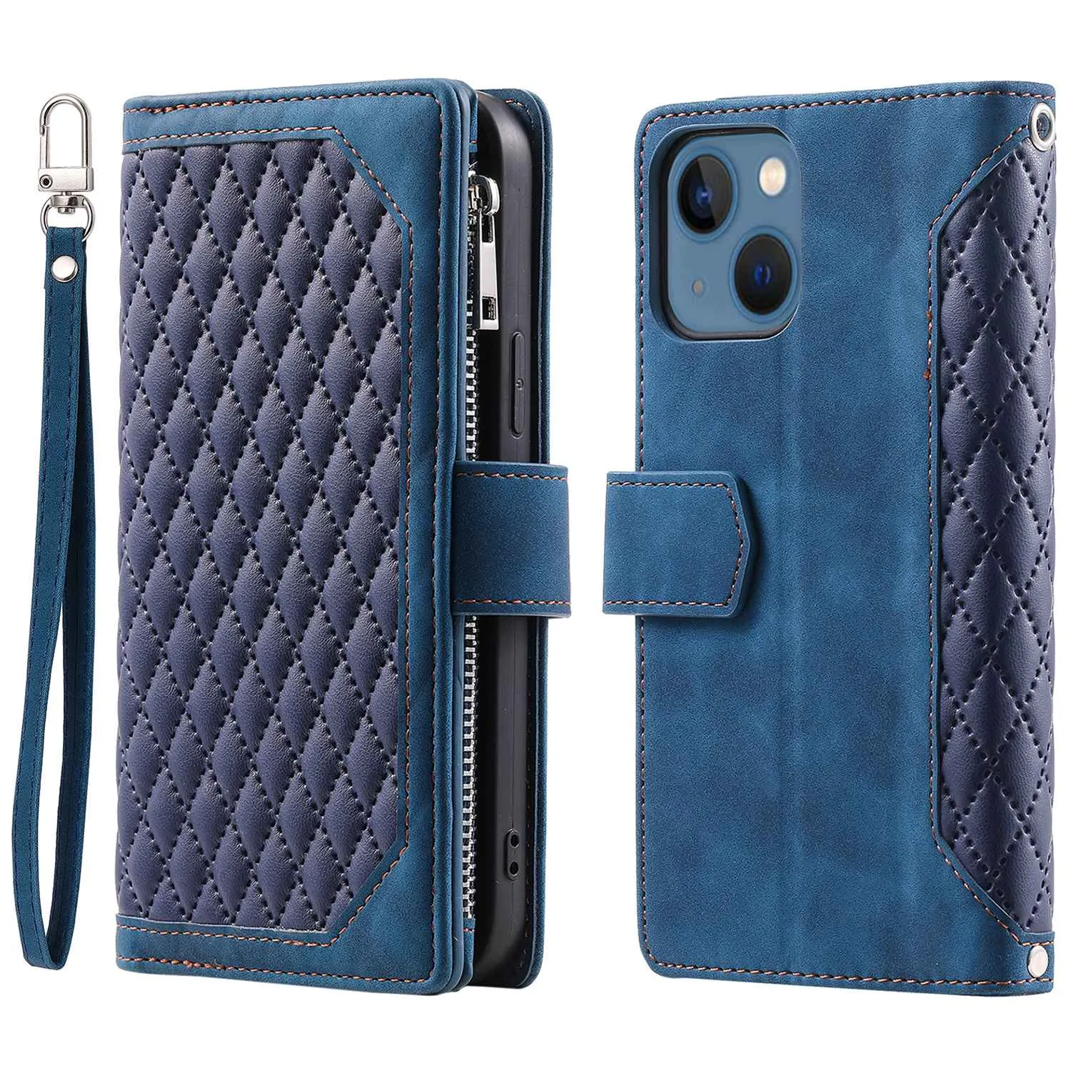 005 Style Zipper Pocket Leather Case for iPhone 13 mini 5.4 inch, Rhombus Texture Stand Wallet Shockproof Phone Cover with Wrist Strap