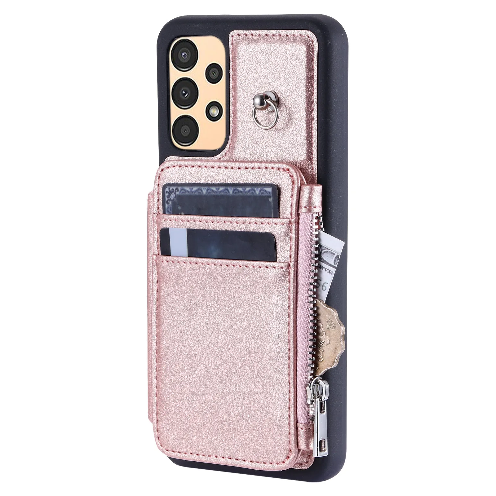 009 For Samsung Galaxy A13 4G / 5G RFID Blocking Zipper Wallet Case PU Leather Coated TPU Kickstand Phone Cover with Straps