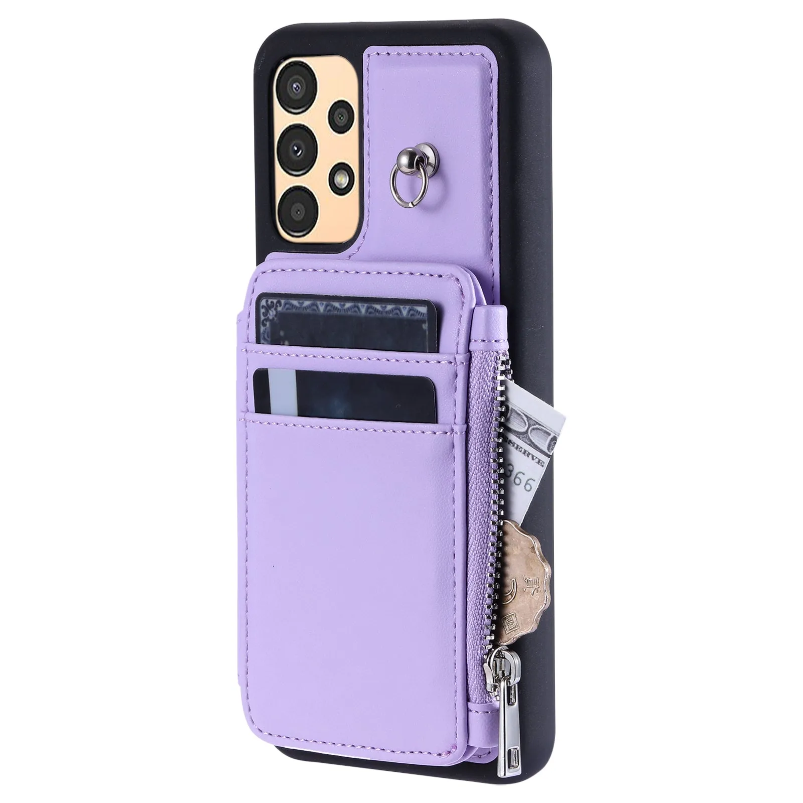 009 For Samsung Galaxy A13 4G / 5G RFID Blocking Zipper Wallet Case PU Leather Coated TPU Kickstand Phone Cover with Straps