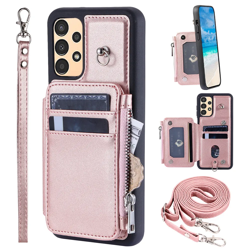 009 For Samsung Galaxy A13 4G / 5G RFID Blocking Zipper Wallet Case PU Leather Coated TPU Kickstand Phone Cover with Straps