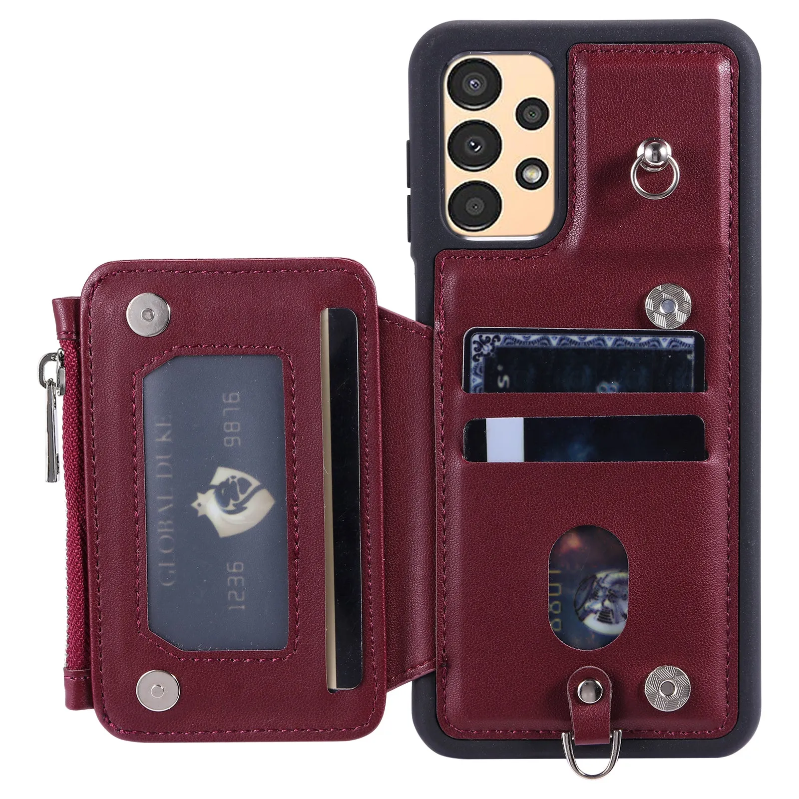 009 For Samsung Galaxy A13 4G / 5G RFID Blocking Zipper Wallet Case PU Leather Coated TPU Kickstand Phone Cover with Straps