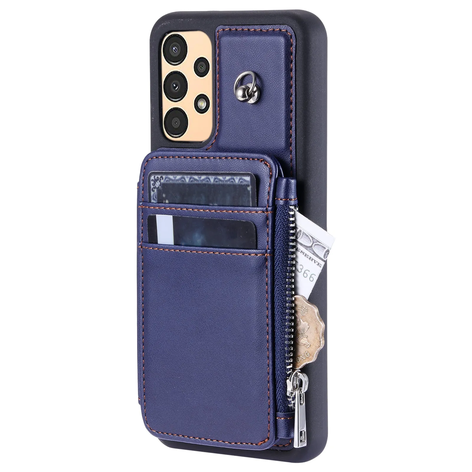 009 For Samsung Galaxy A13 4G / 5G RFID Blocking Zipper Wallet Case PU Leather Coated TPU Kickstand Phone Cover with Straps