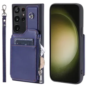 009 For Samsung Galaxy S23 Ultra Zipper Pocket Case Kickstand PU Leather Coated TPU RFID Blocking Wallet Phone Cover with Wrist Strap