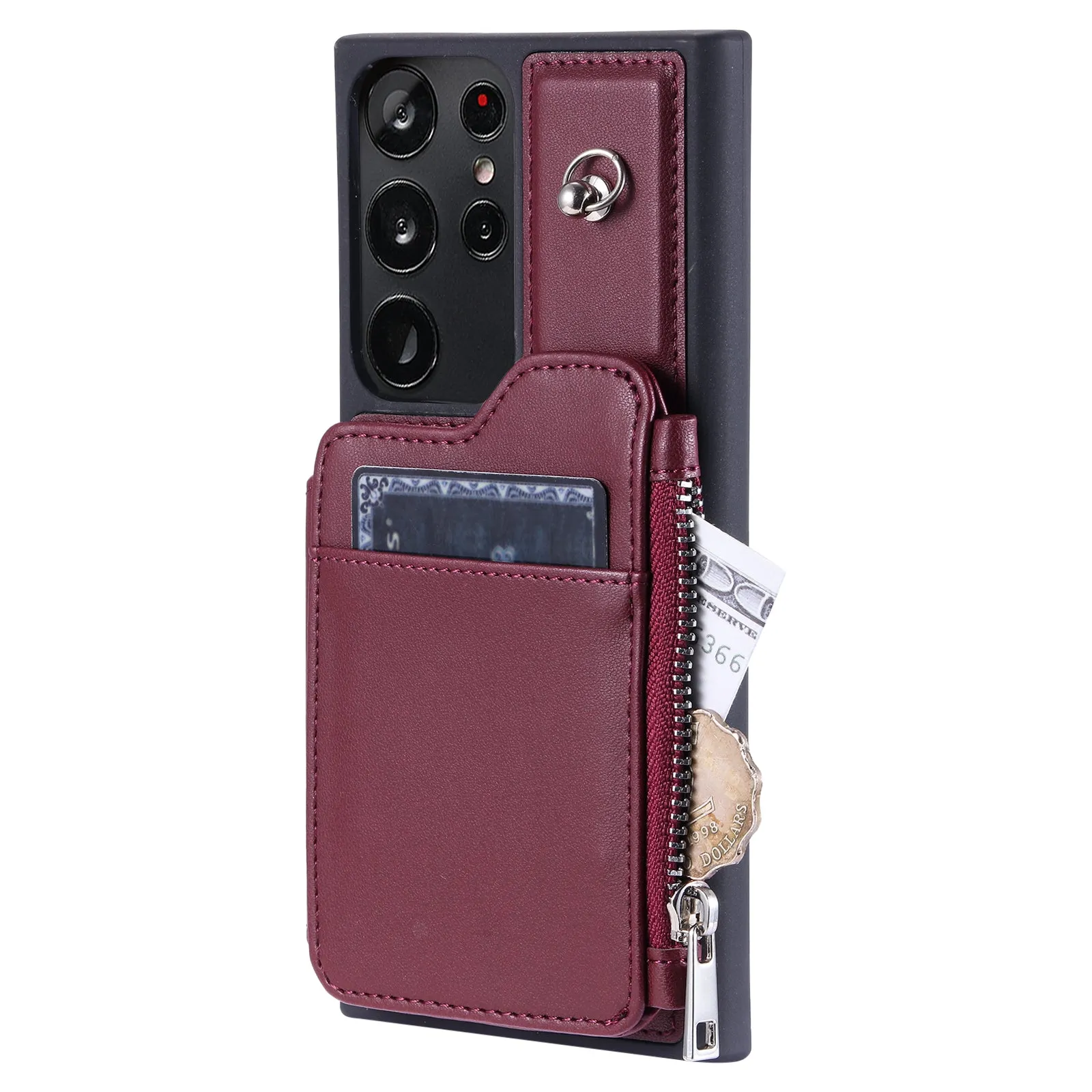 009 For Samsung Galaxy S23 Ultra Zipper Pocket Case Kickstand PU Leather Coated TPU RFID Blocking Wallet Phone Cover with Wrist Strap