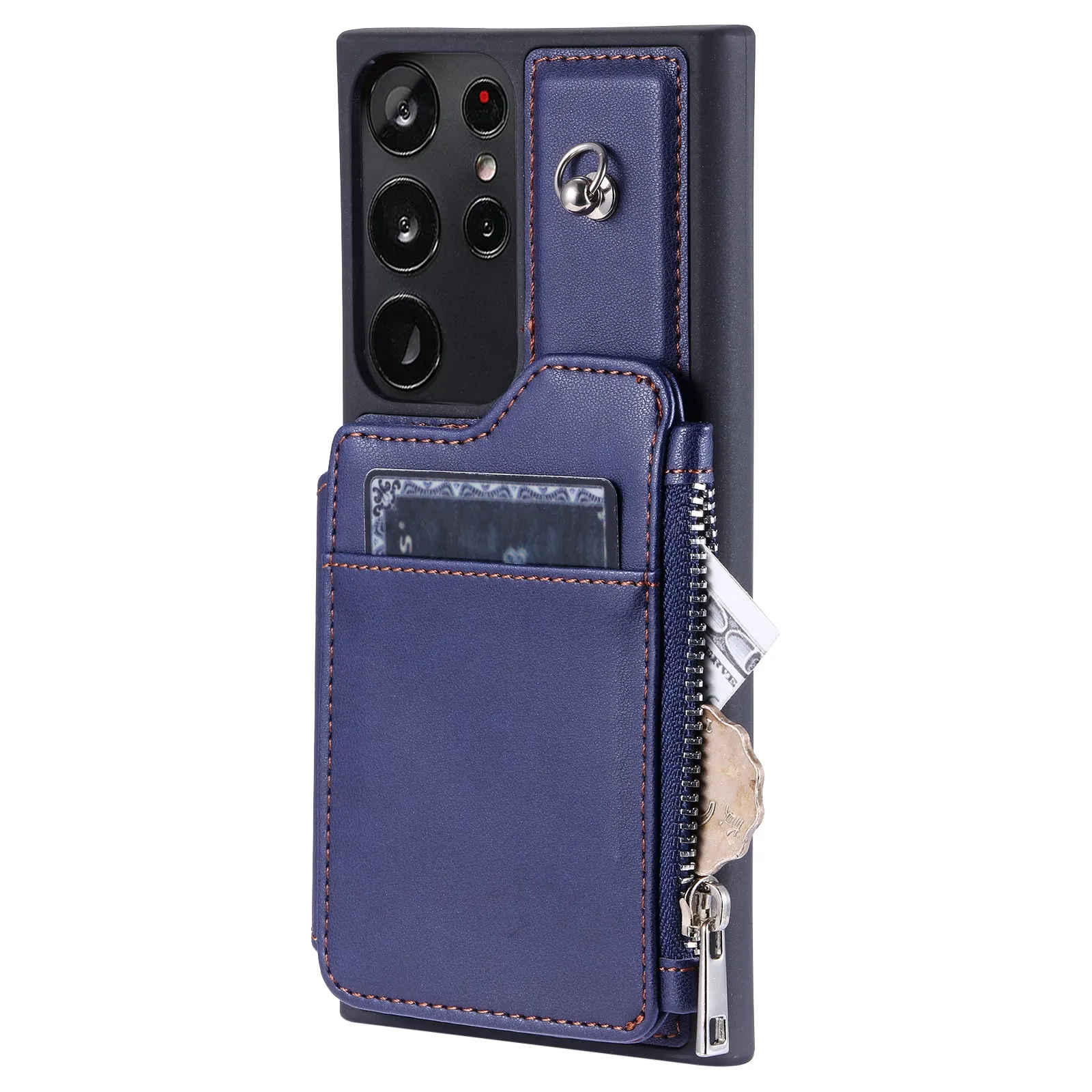 009 For Samsung Galaxy S23 Ultra Zipper Pocket Case Kickstand PU Leather Coated TPU RFID Blocking Wallet Phone Cover with Wrist Strap