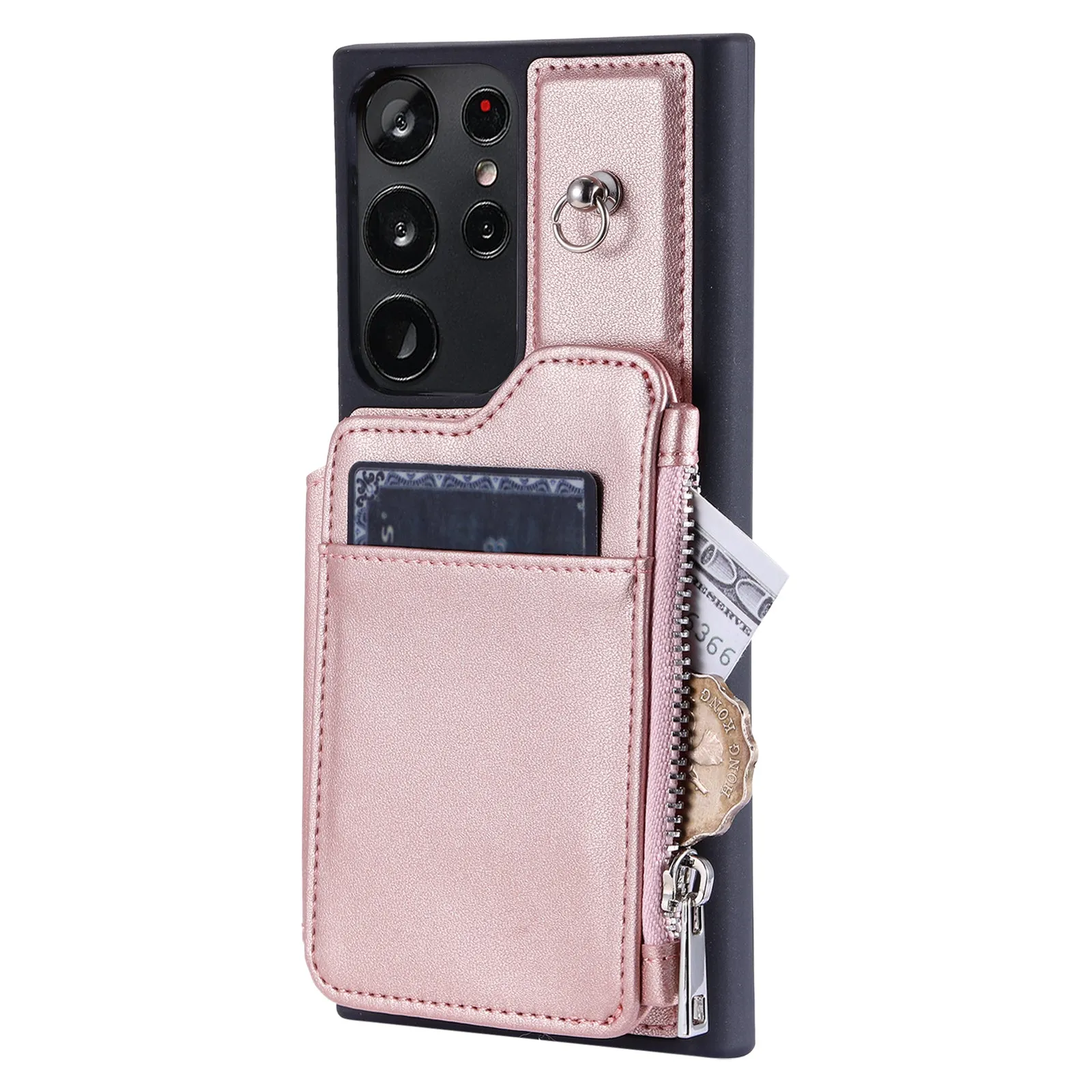 009 For Samsung Galaxy S23 Ultra Zipper Pocket Case Kickstand PU Leather Coated TPU RFID Blocking Wallet Phone Cover with Wrist Strap