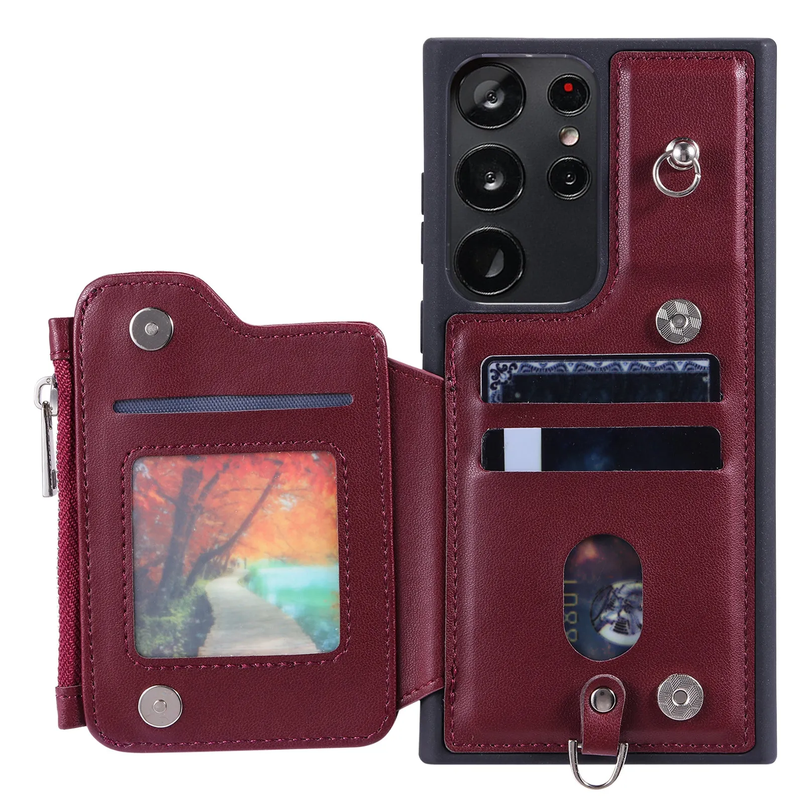 009 For Samsung Galaxy S23 Ultra Zipper Pocket Case Kickstand PU Leather Coated TPU RFID Blocking Wallet Phone Cover with Wrist Strap