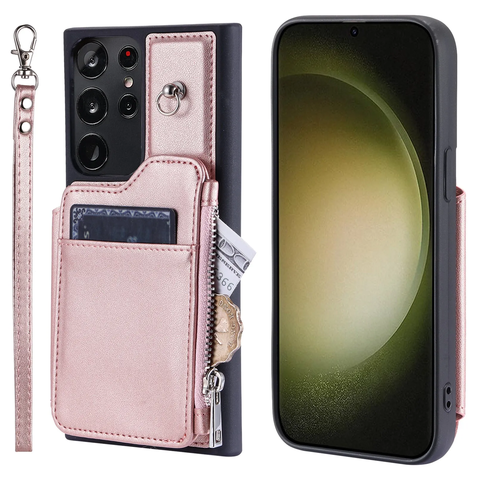 009 For Samsung Galaxy S23 Ultra Zipper Pocket Case Kickstand PU Leather Coated TPU RFID Blocking Wallet Phone Cover with Wrist Strap