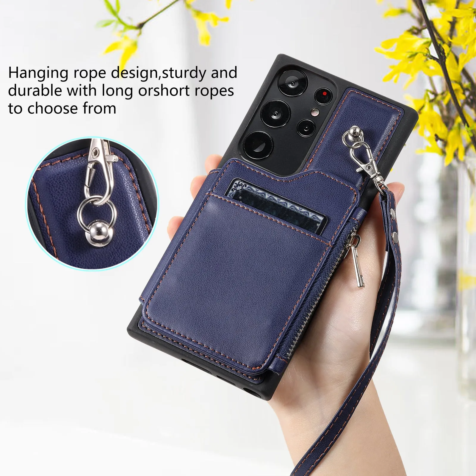 009 For Samsung Galaxy S23 Ultra Zipper Pocket Case Kickstand PU Leather Coated TPU RFID Blocking Wallet Phone Cover with Wrist Strap