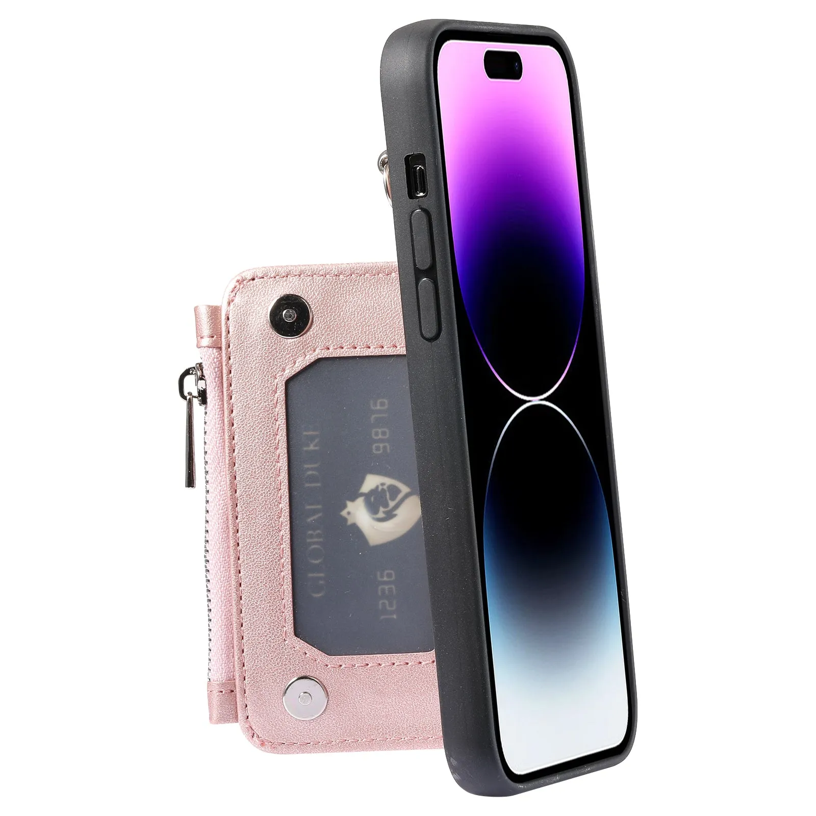 009 Kickstand Phone Case for iPhone 15 Pro Max Zipper Wallet Phone Cover RFID Blocking PU TPU Case with Straps