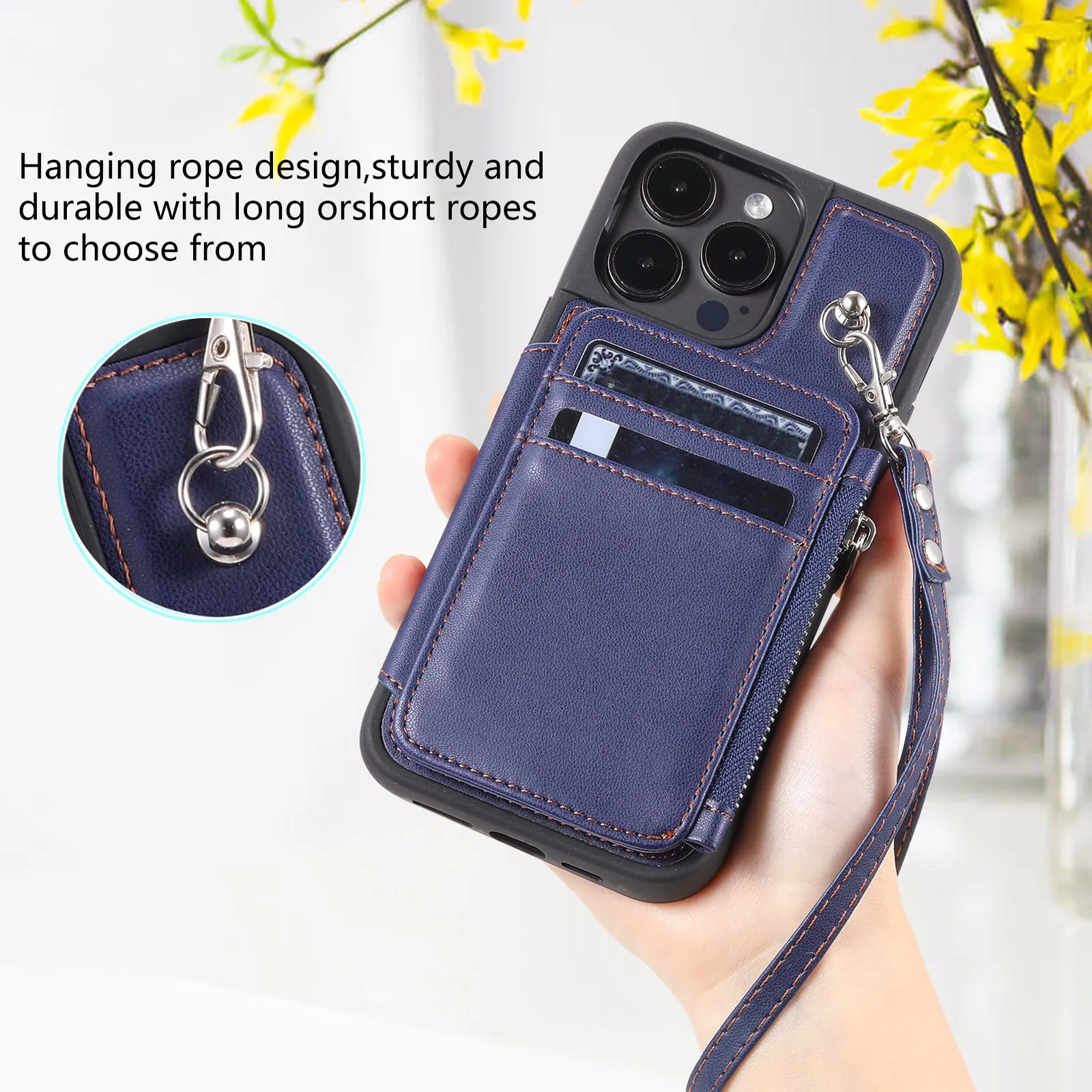 009 Kickstand Phone Case for iPhone 15 Pro Max Zipper Wallet Phone Cover RFID Blocking PU TPU Case with Straps