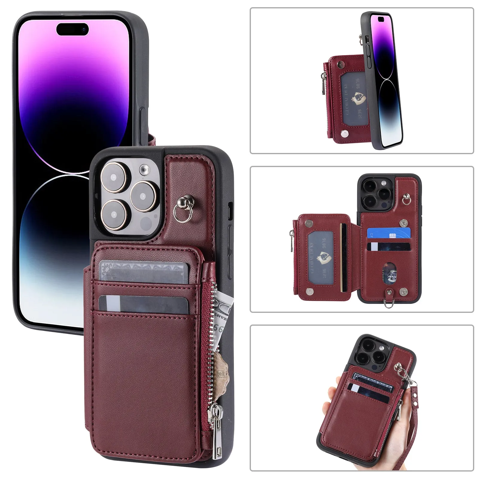 009 Kickstand Phone Case for iPhone 15 Pro Max Zipper Wallet Phone Cover RFID Blocking PU TPU Case with Straps