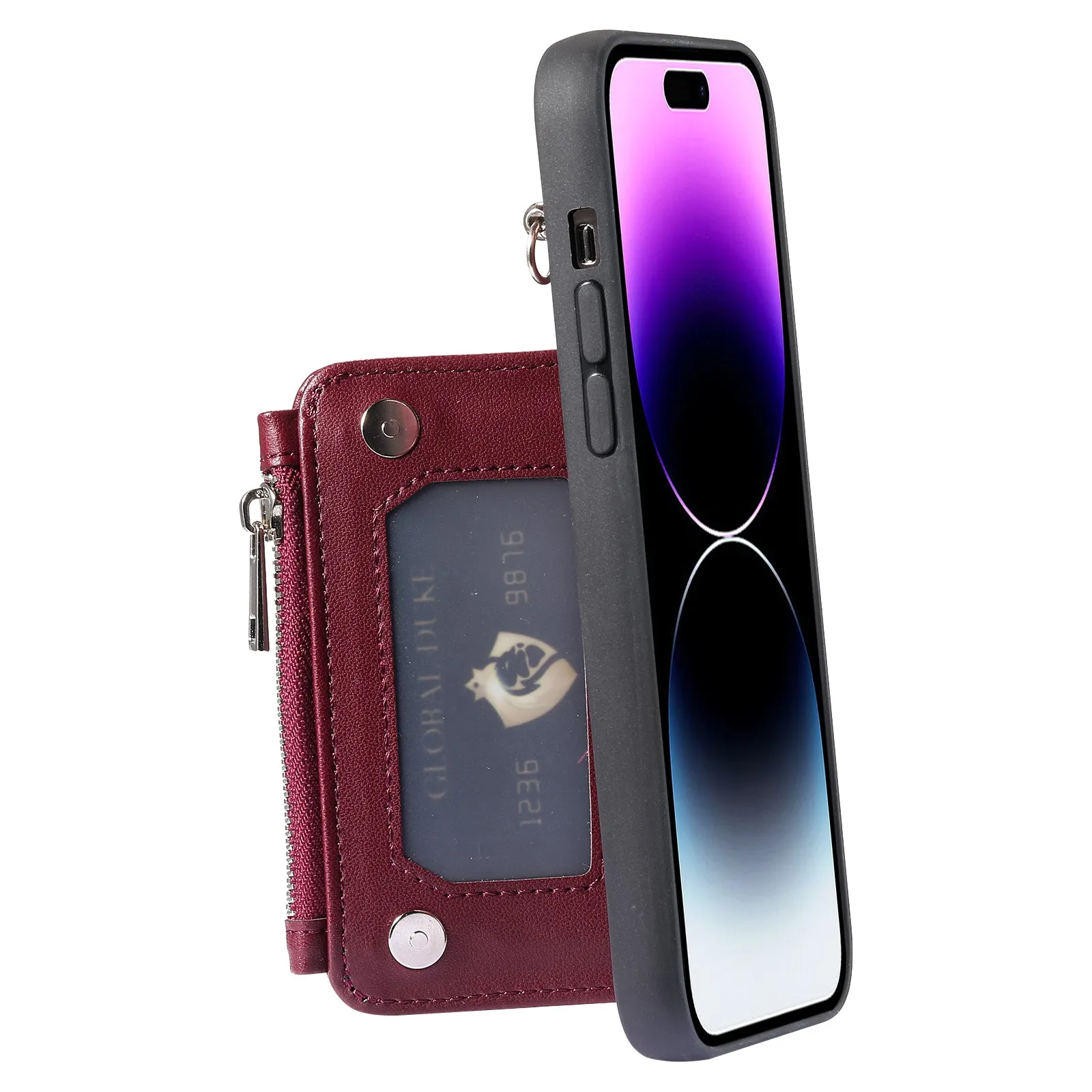 009 Kickstand Phone Case for iPhone 15 Pro Max Zipper Wallet Phone Cover RFID Blocking PU TPU Case with Straps