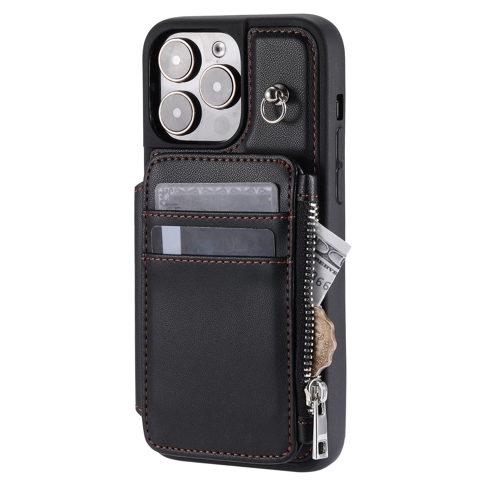 009 Kickstand Phone Case for iPhone 15 Pro Max Zipper Wallet Phone Cover RFID Blocking PU TPU Case with Straps