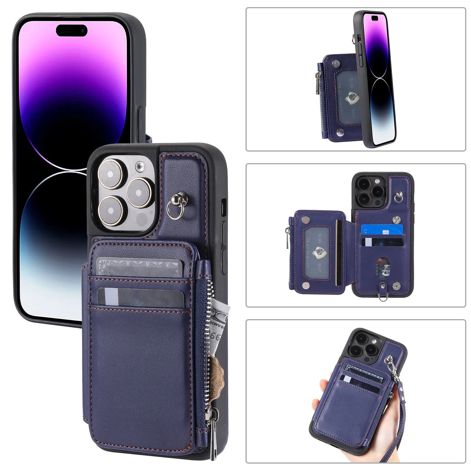 009 Kickstand Phone Case for iPhone 15 Pro Max Zipper Wallet Phone Cover RFID Blocking PU TPU Case with Straps