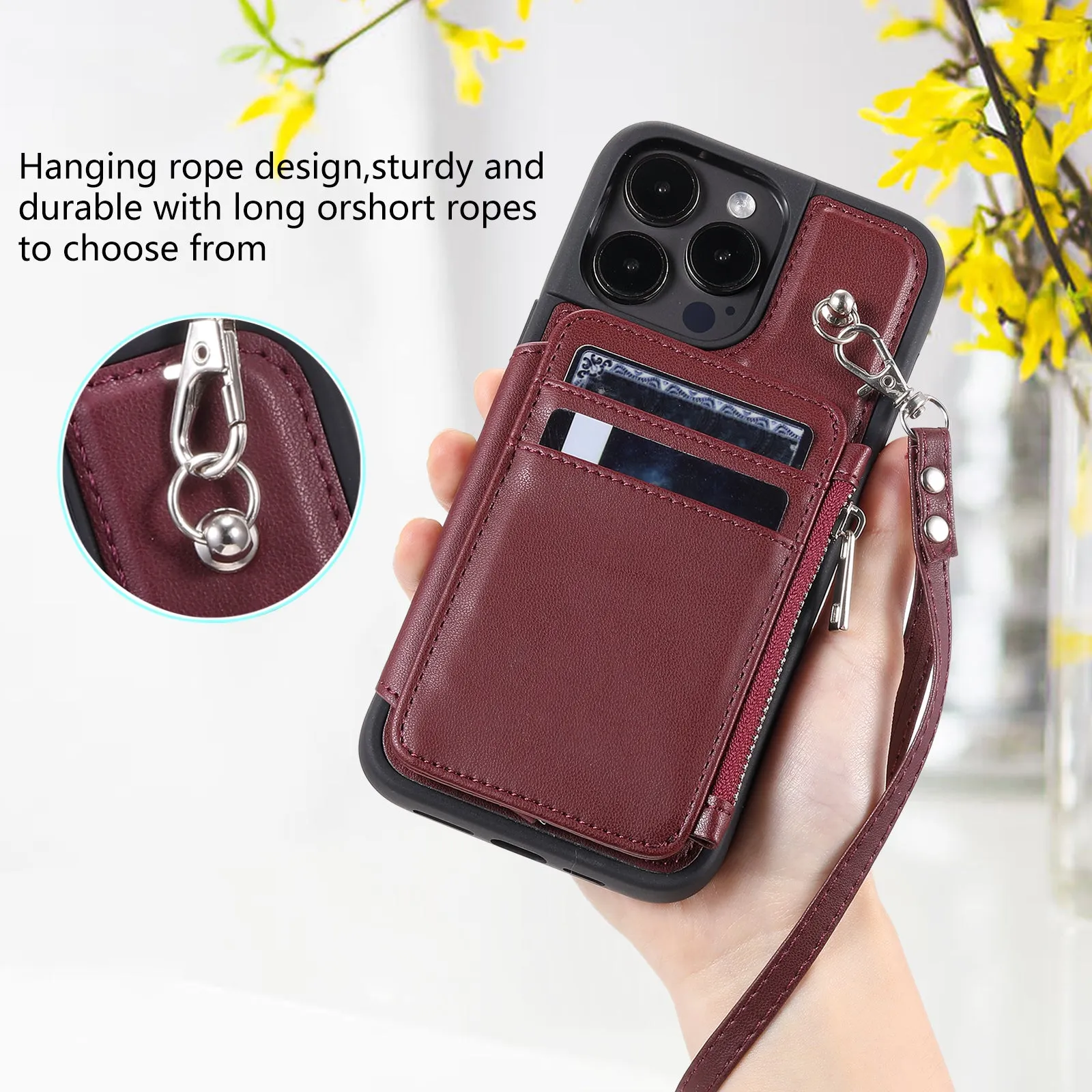 009 Kickstand Phone Case for iPhone 15 Pro Max Zipper Wallet Phone Cover RFID Blocking PU TPU Case with Straps