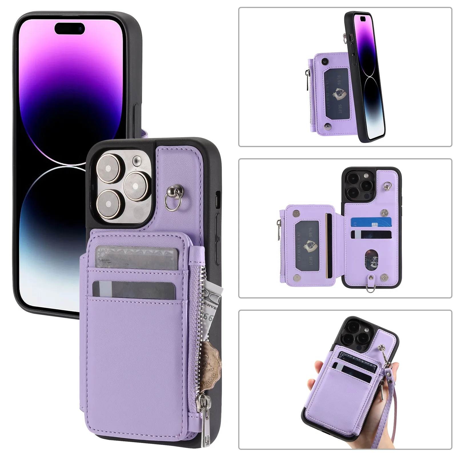 009 Kickstand Phone Case for iPhone 15 Pro Max Zipper Wallet Phone Cover RFID Blocking PU TPU Case with Straps