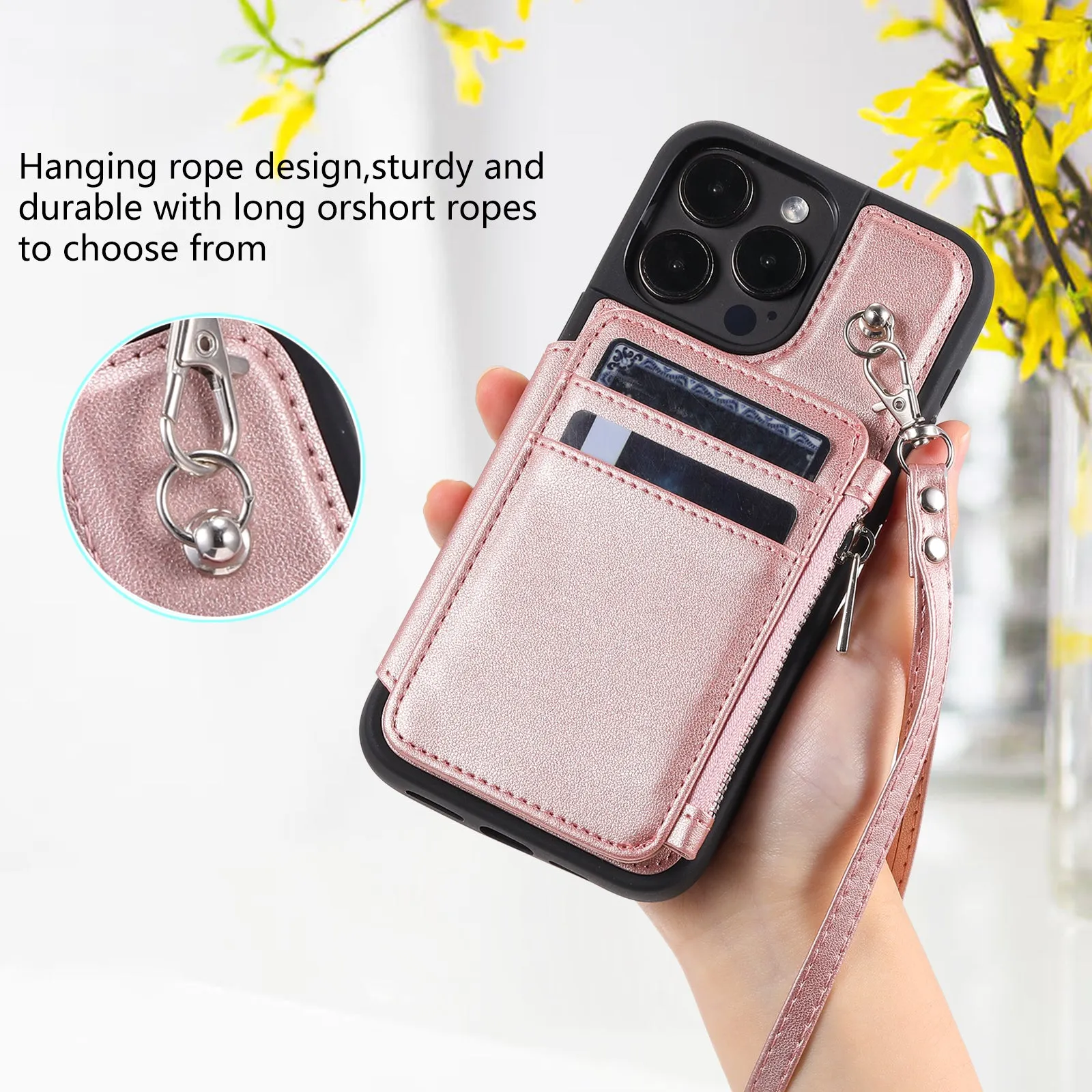 009 Kickstand Phone Case for iPhone 15 Pro Max Zipper Wallet Phone Cover RFID Blocking PU TPU Case with Straps