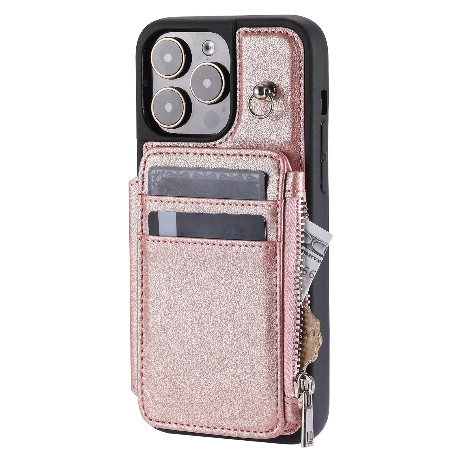 009 Kickstand Phone Case for iPhone 15 Pro Max Zipper Wallet Phone Cover RFID Blocking PU TPU Case with Straps