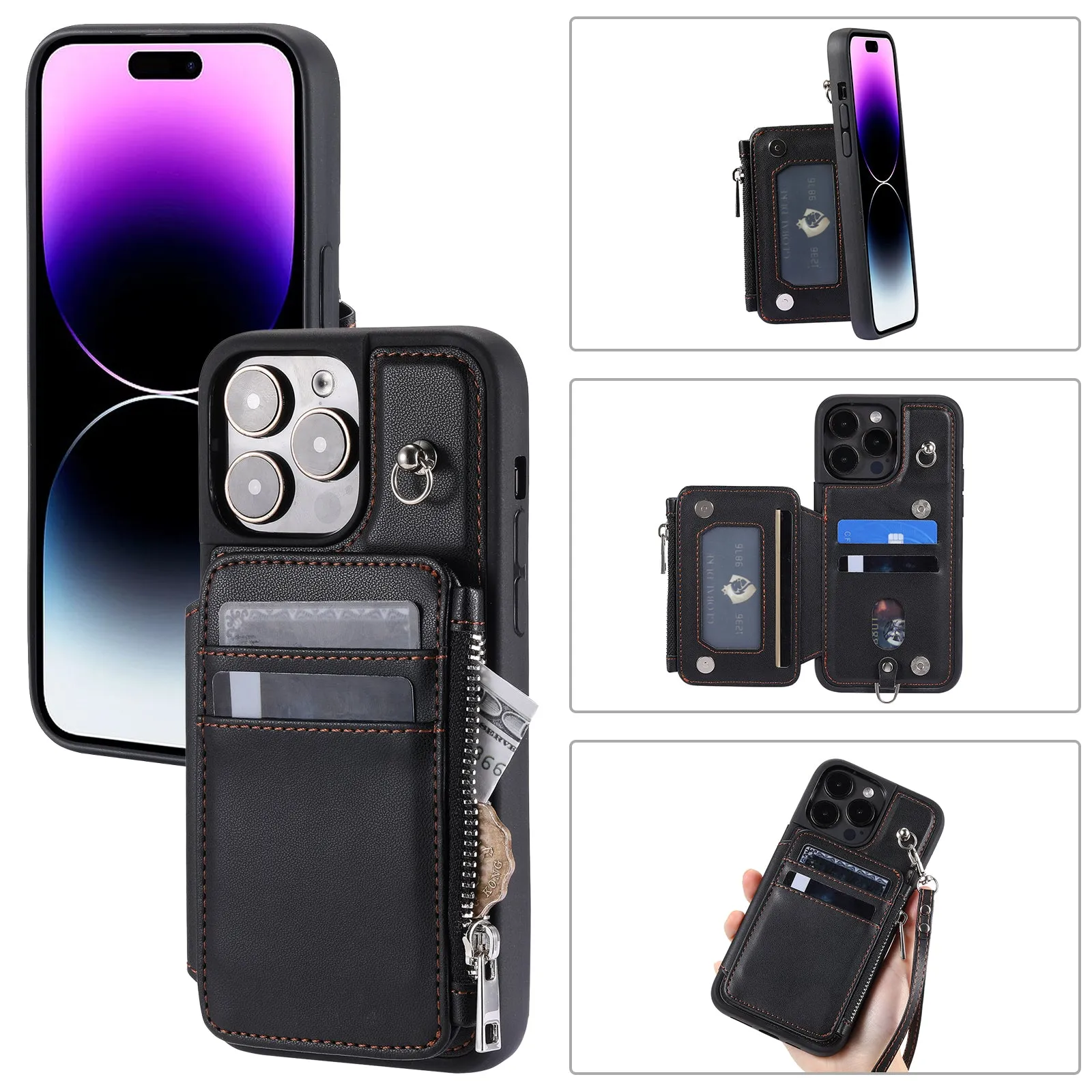 009 Kickstand Phone Case for iPhone 15 Pro Max Zipper Wallet Phone Cover RFID Blocking PU TPU Case with Straps