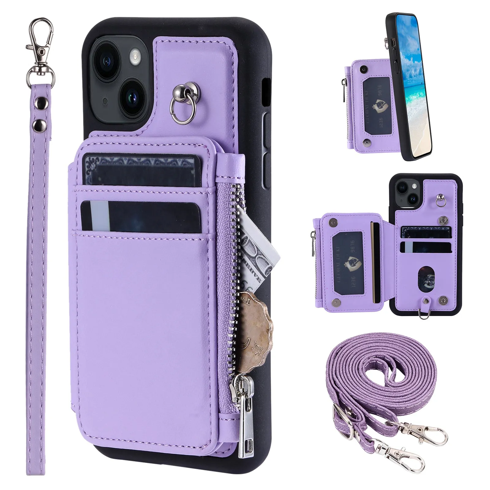 009 RFID Blocking PU TPU Phone Cover for iPhone 15 Plus Kickstand Zipper Wallet Phone Case with Straps