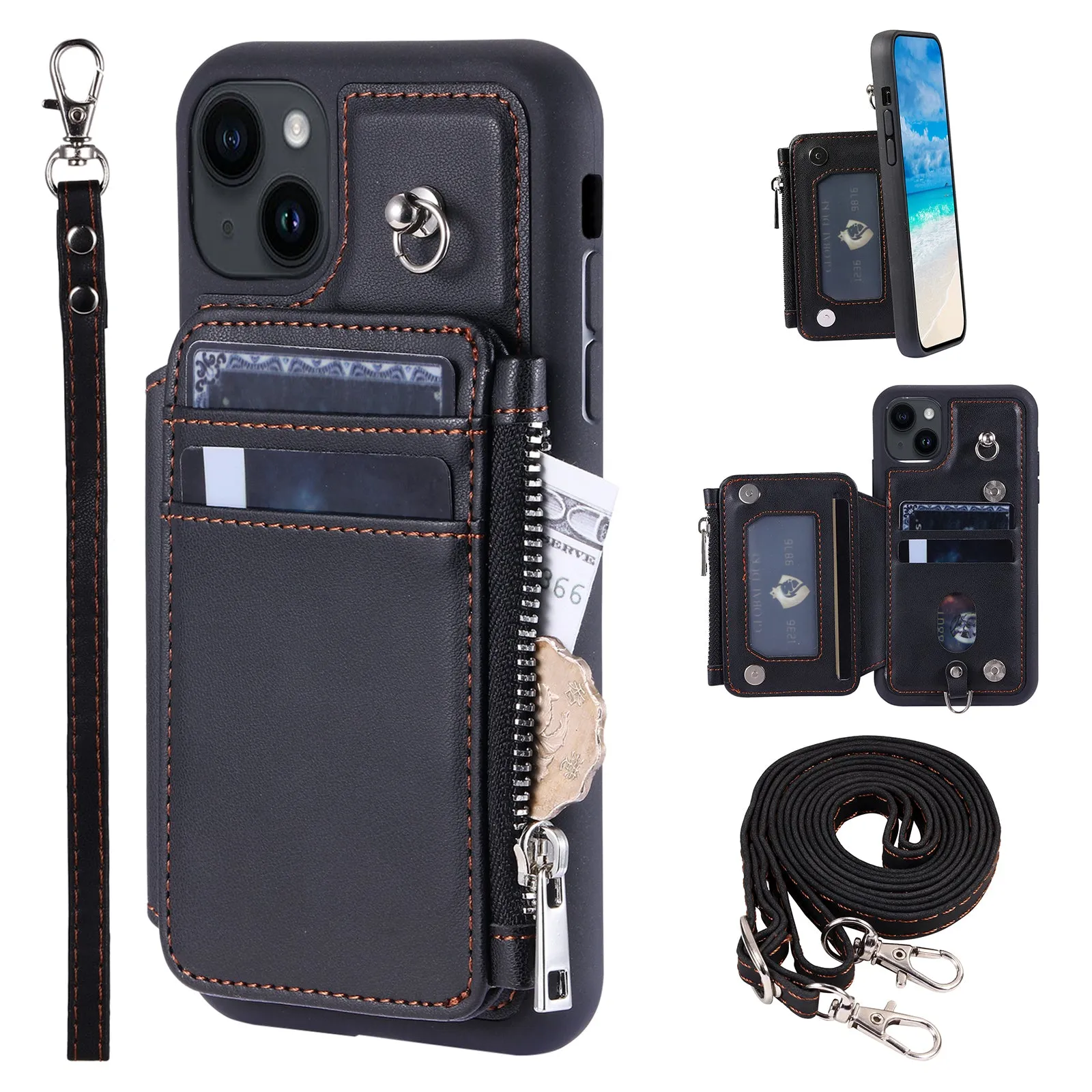 009 RFID Blocking PU TPU Phone Cover for iPhone 15 Plus Kickstand Zipper Wallet Phone Case with Straps