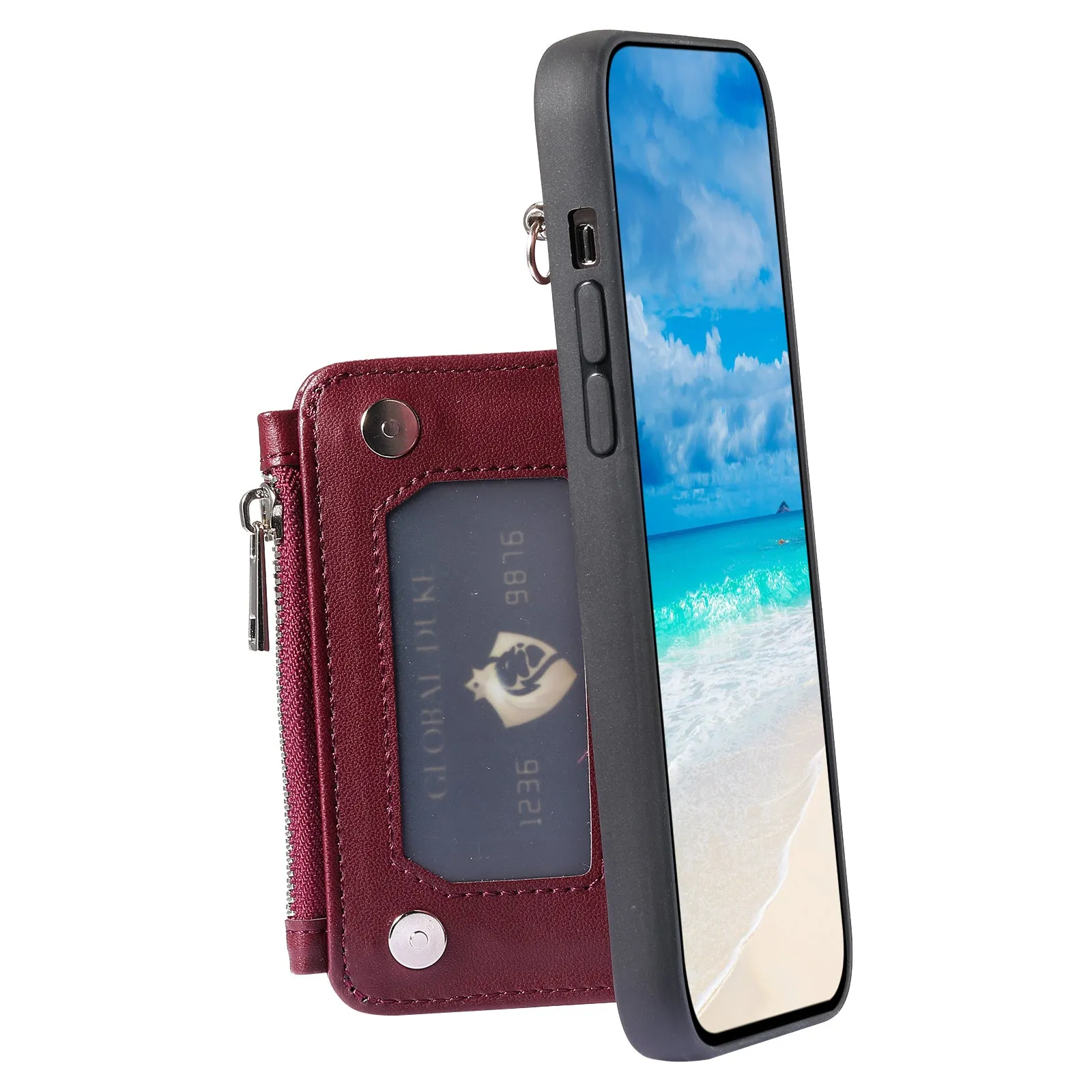 009 RFID Blocking PU TPU Phone Cover for iPhone 15 Plus Kickstand Zipper Wallet Phone Case with Straps