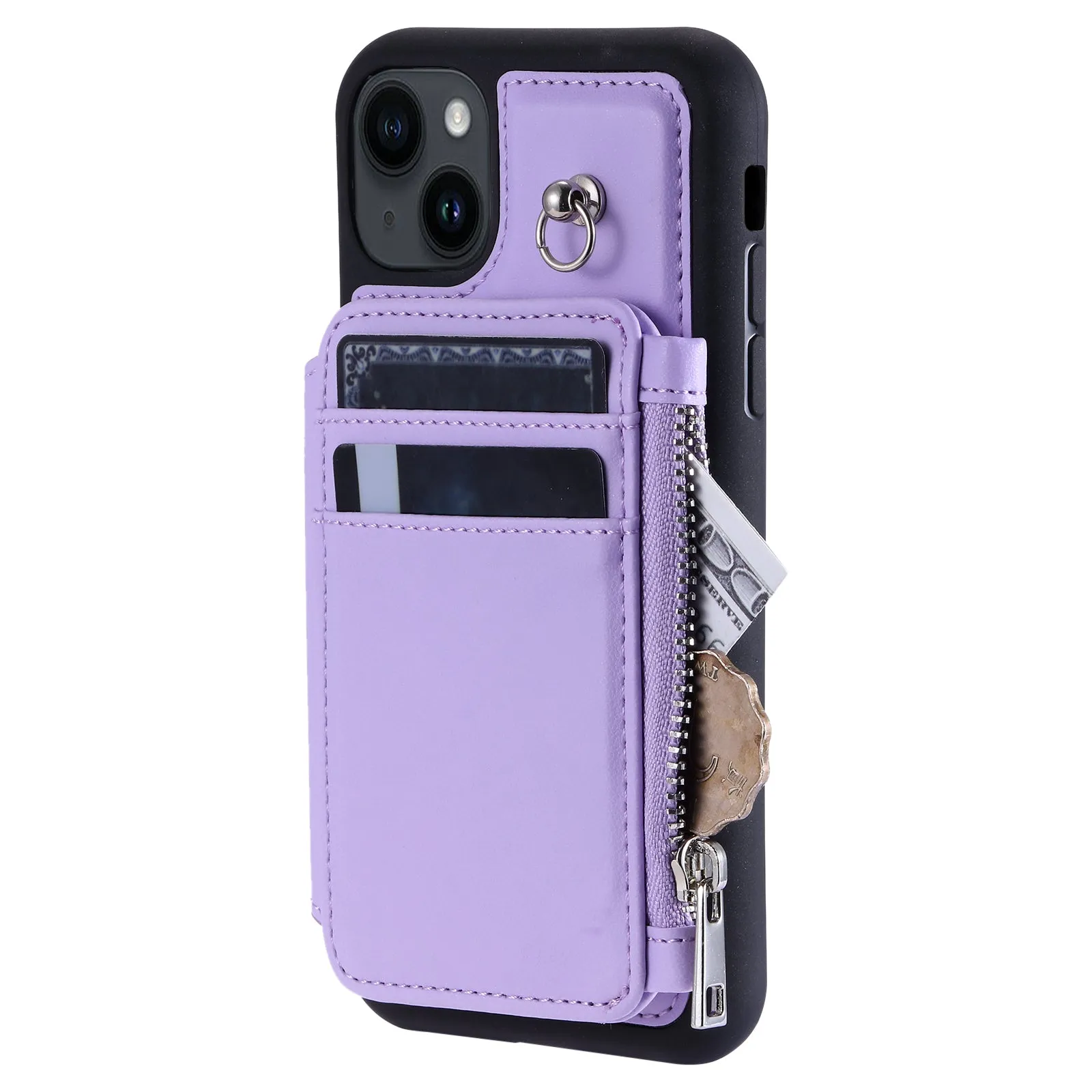 009 RFID Blocking PU TPU Phone Cover for iPhone 15 Plus Kickstand Zipper Wallet Phone Case with Straps