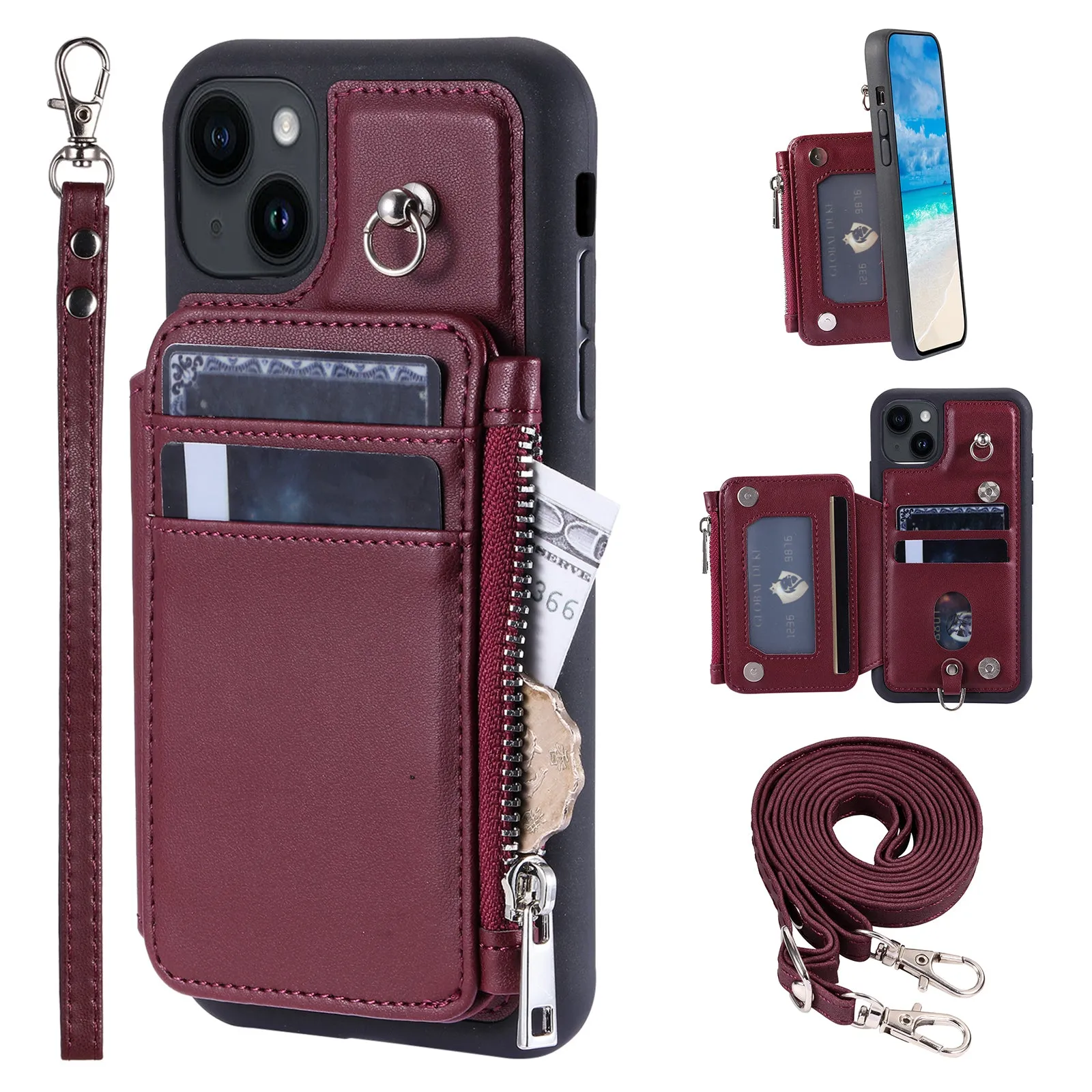 009 RFID Blocking PU TPU Phone Cover for iPhone 15 Plus Kickstand Zipper Wallet Phone Case with Straps