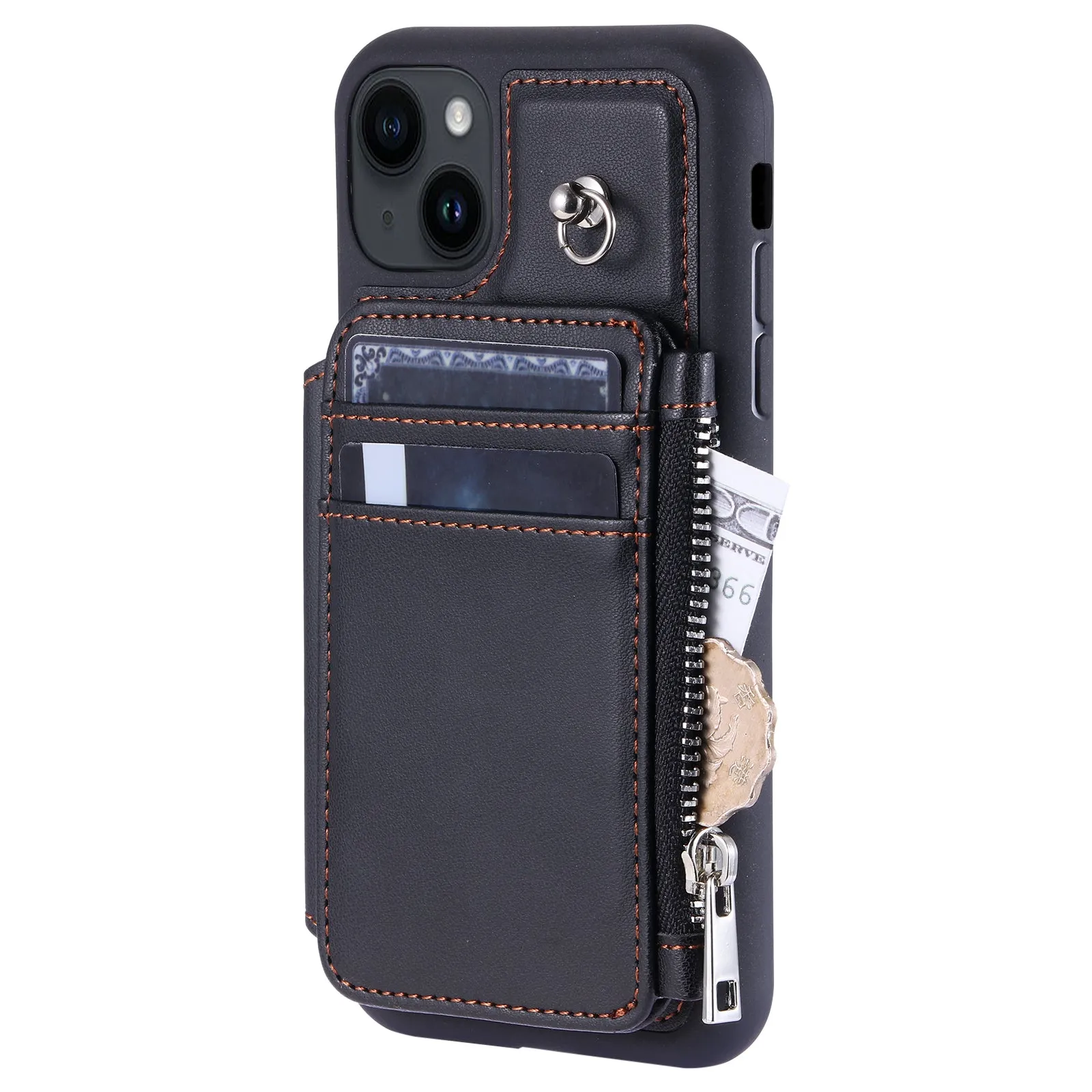 009 RFID Blocking PU TPU Phone Cover for iPhone 15 Plus Kickstand Zipper Wallet Phone Case with Straps