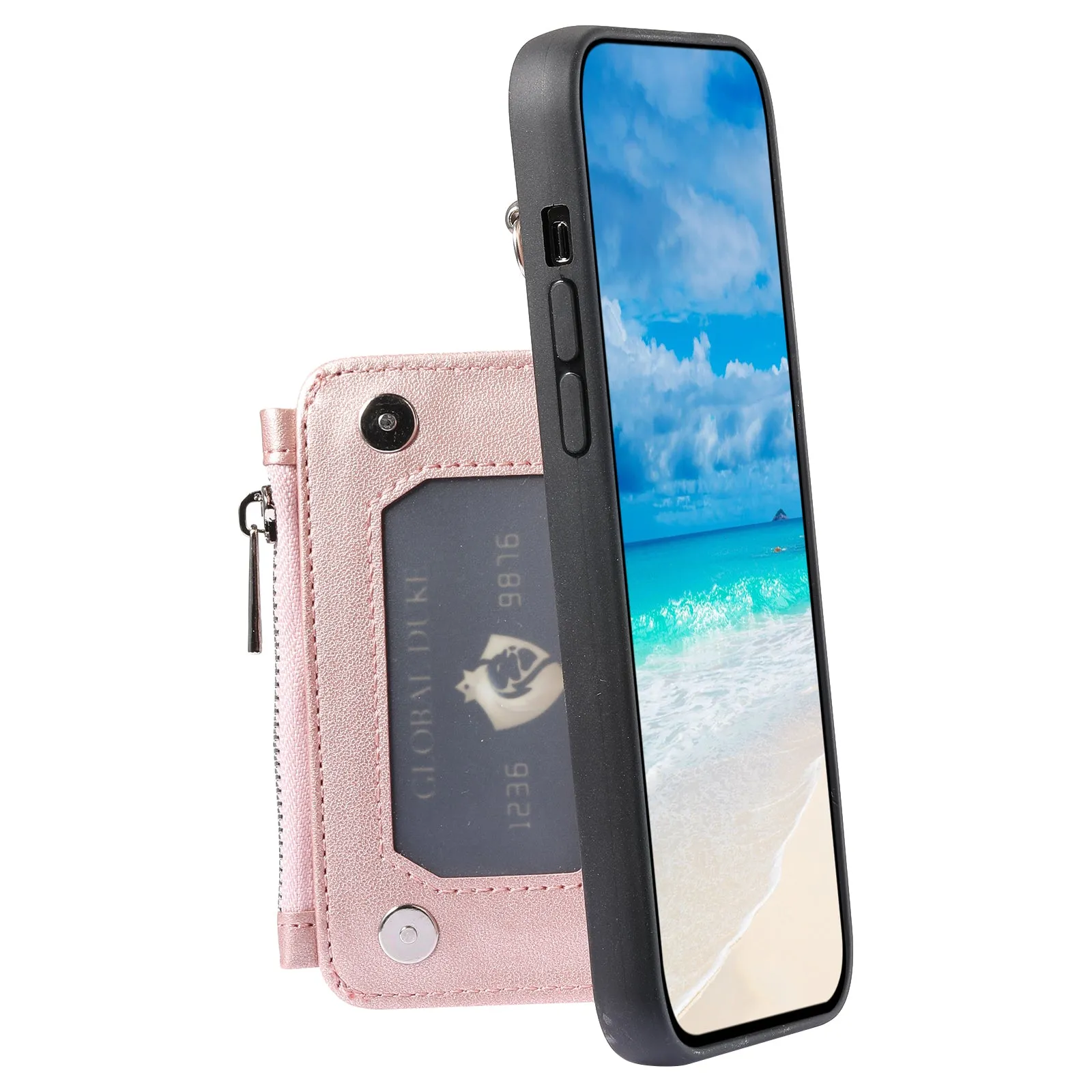 009 RFID Blocking PU TPU Phone Cover for iPhone 15 Plus Kickstand Zipper Wallet Phone Case with Straps