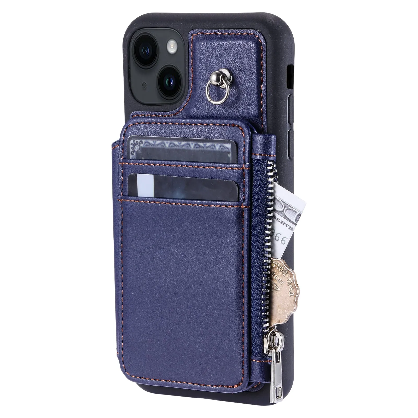 009 RFID Blocking PU TPU Phone Cover for iPhone 15 Plus Kickstand Zipper Wallet Phone Case with Straps