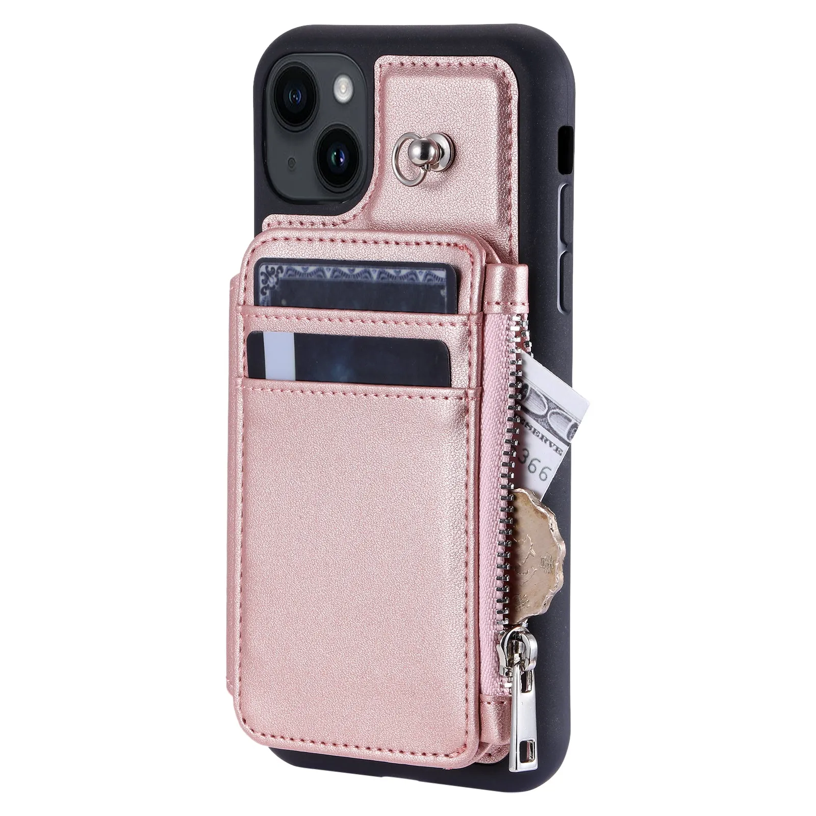 009 RFID Blocking PU TPU Phone Cover for iPhone 15 Plus Kickstand Zipper Wallet Phone Case with Straps