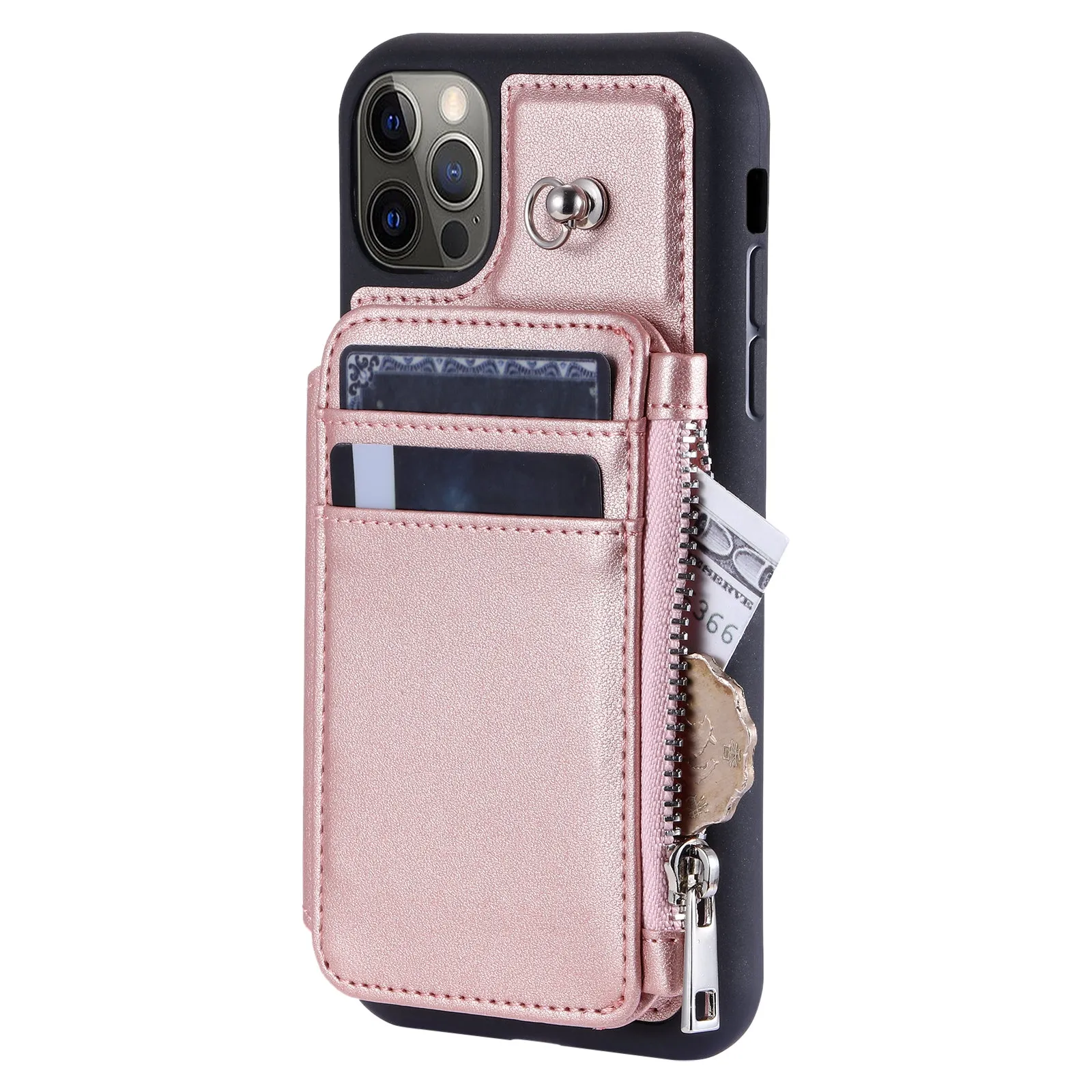 009 Zipper Wallet Case for iPhone 12 / 12 Pro 6.1 inch , RFID Blocking Anti-fall PU Leather Coated TPU Kickstand Phone Cover with Straps