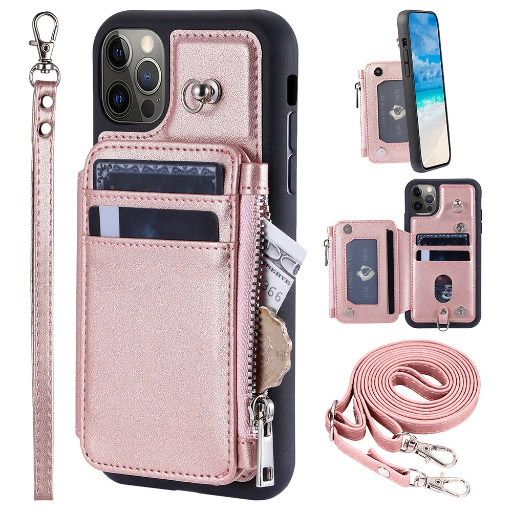 009 Zipper Wallet Case for iPhone 12 / 12 Pro 6.1 inch , RFID Blocking Anti-fall PU Leather Coated TPU Kickstand Phone Cover with Straps