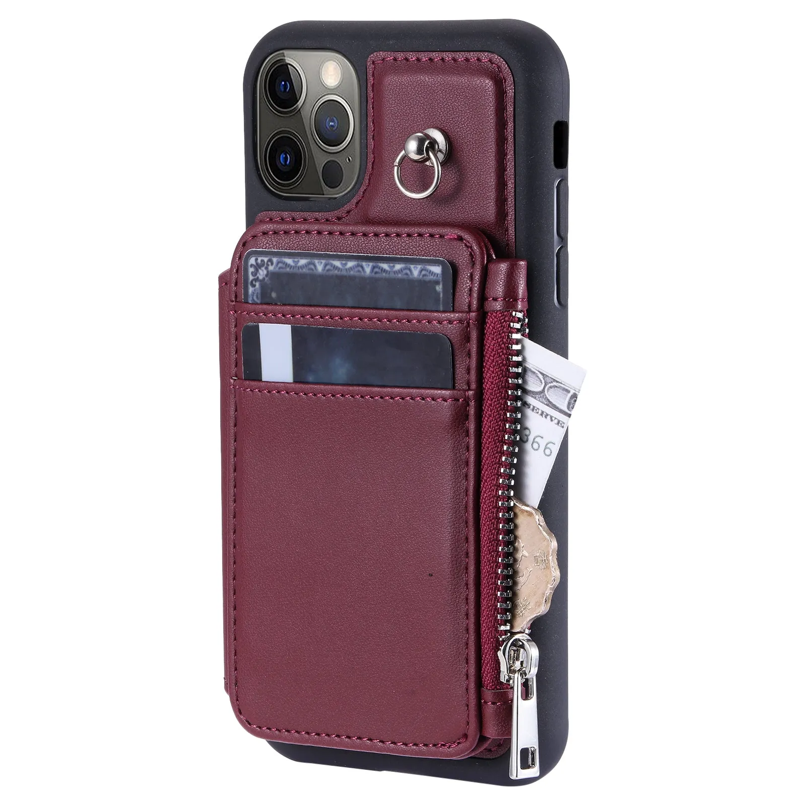 009 Zipper Wallet Case for iPhone 12 / 12 Pro 6.1 inch , RFID Blocking Anti-fall PU Leather Coated TPU Kickstand Phone Cover with Straps