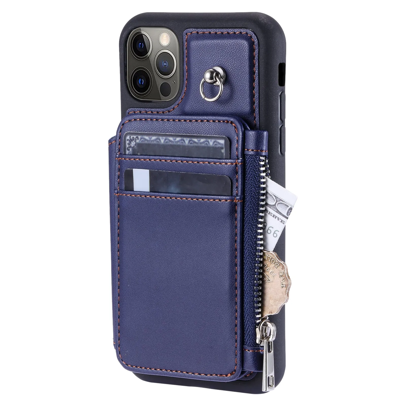 009 Zipper Wallet Case for iPhone 12 / 12 Pro 6.1 inch , RFID Blocking Anti-fall PU Leather Coated TPU Kickstand Phone Cover with Straps