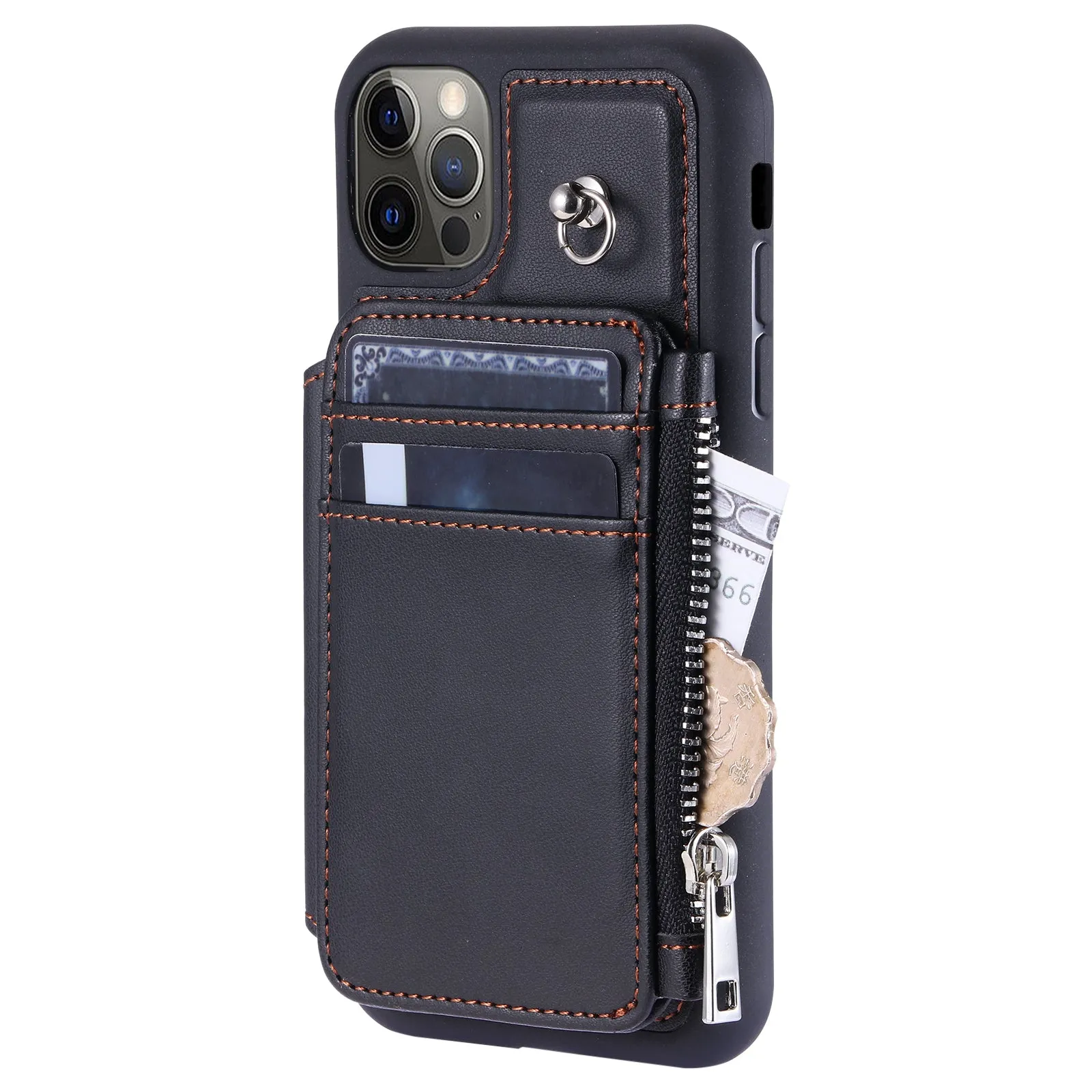 009 Zipper Wallet Case for iPhone 12 / 12 Pro 6.1 inch , RFID Blocking Anti-fall PU Leather Coated TPU Kickstand Phone Cover with Straps