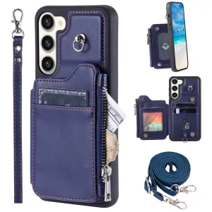 009 Zipper Wallet Case for Samsung Galaxy S23  , RFID Blocking PU Leather Coated TPU Kickstand Phone Cover with Straps