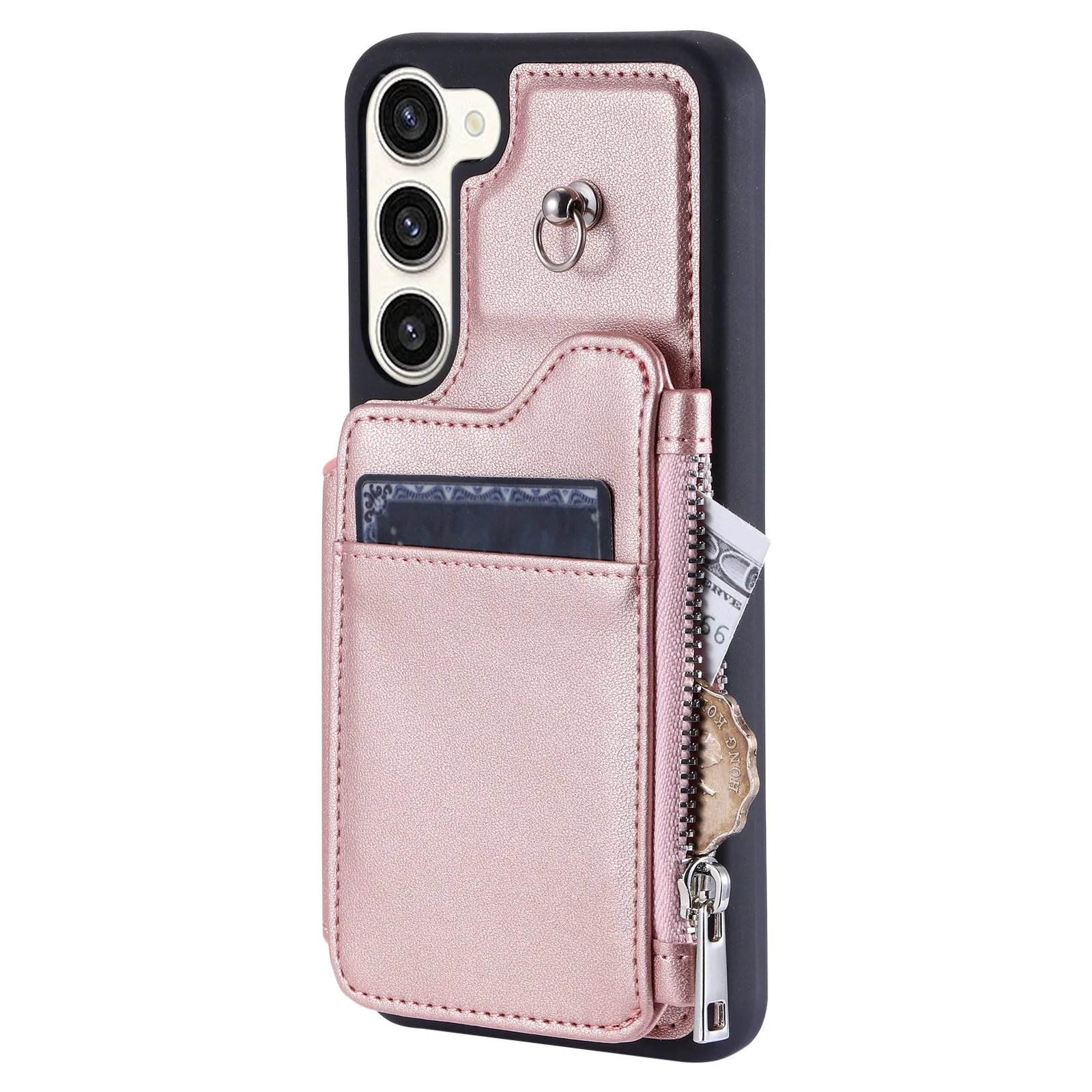 009 Zipper Wallet Case for Samsung Galaxy S23  , RFID Blocking PU Leather Coated TPU Kickstand Phone Cover with Straps