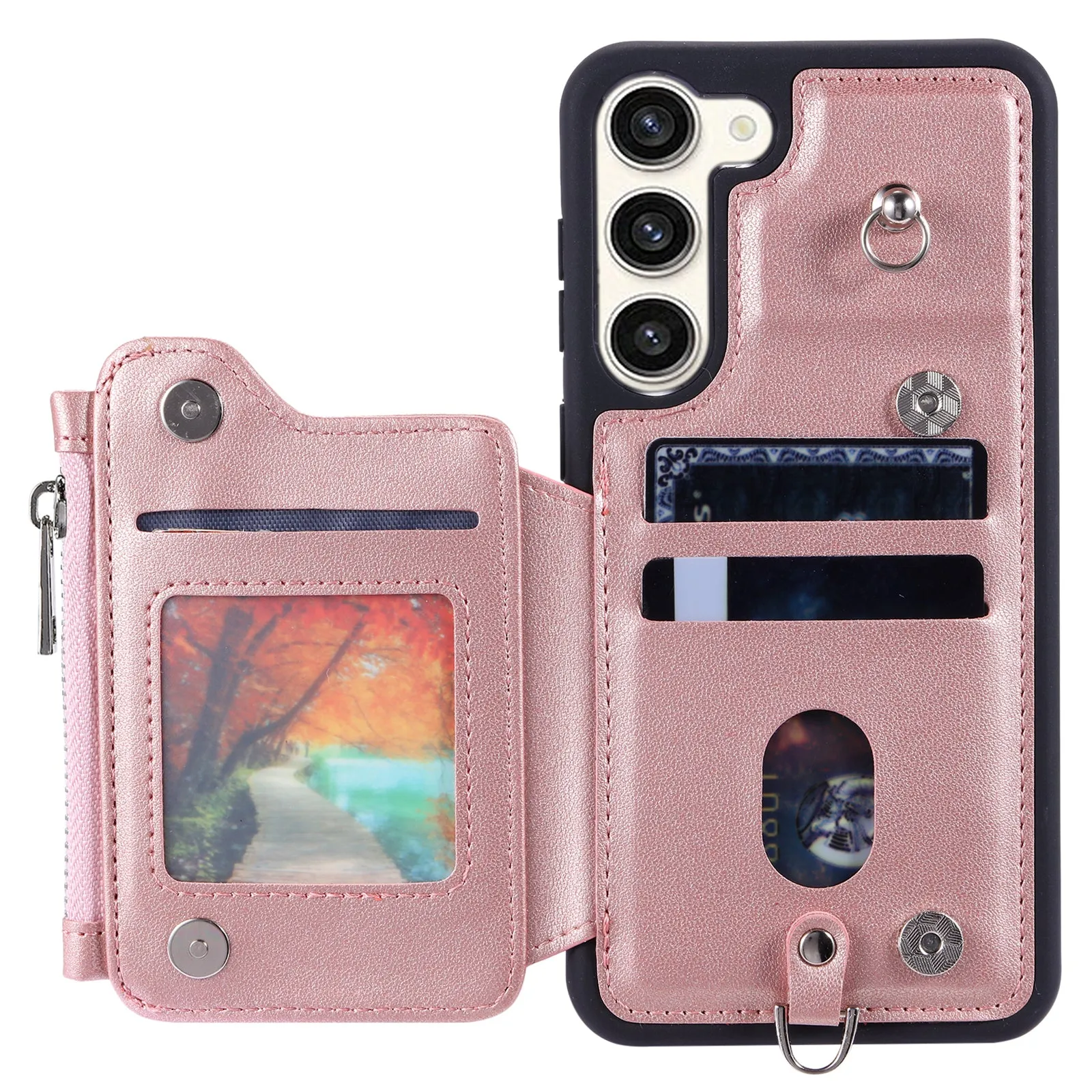 009 Zipper Wallet Case for Samsung Galaxy S23  , RFID Blocking PU Leather Coated TPU Kickstand Phone Cover with Straps