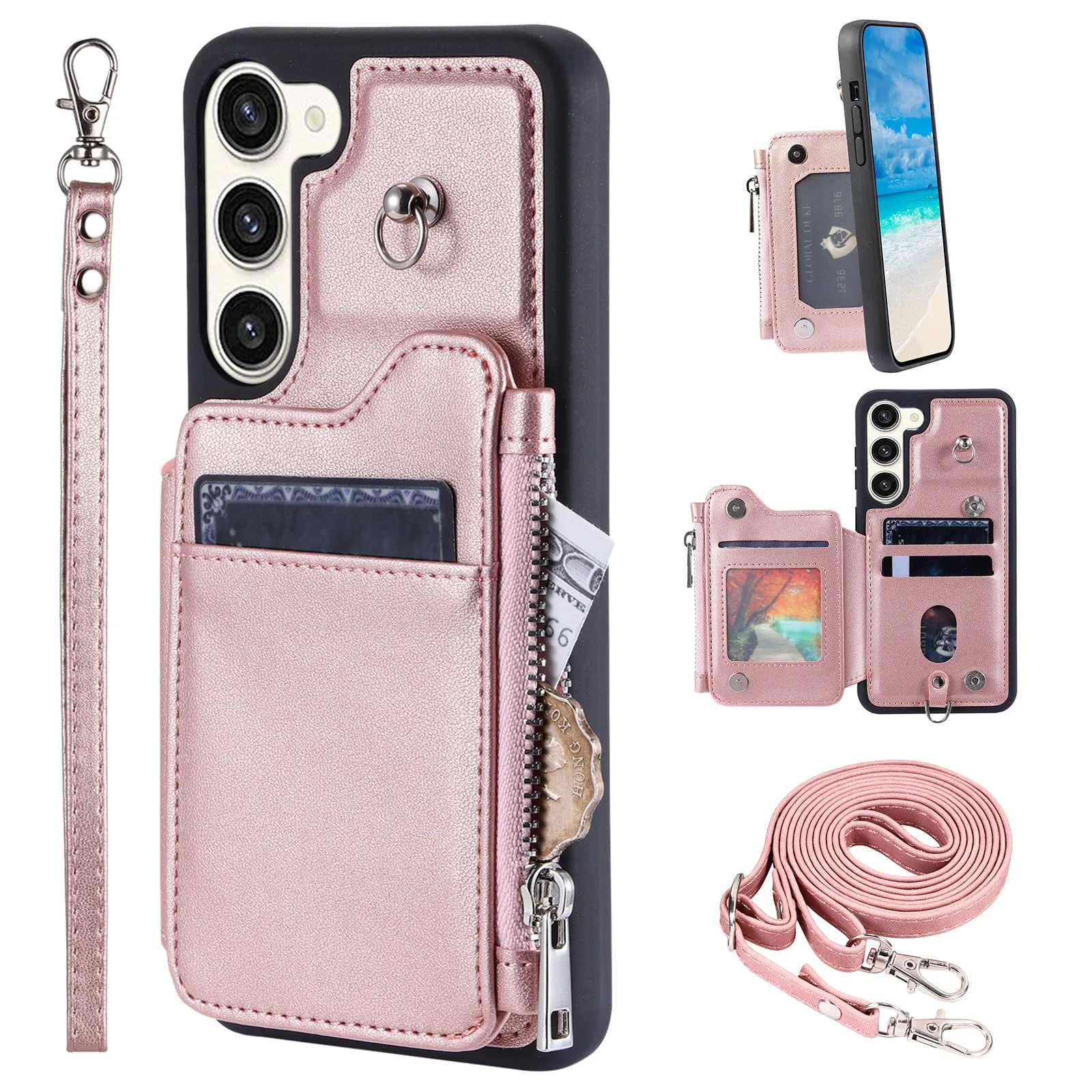 009 Zipper Wallet Case for Samsung Galaxy S23  , RFID Blocking PU Leather Coated TPU Kickstand Phone Cover with Straps